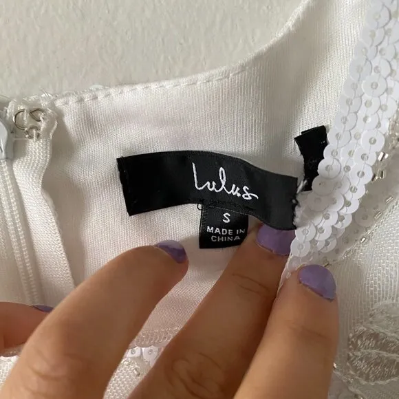 🦋 NWOT LULUS Spread Your Shine White Sequin Embroidered Bodycon Dress Small