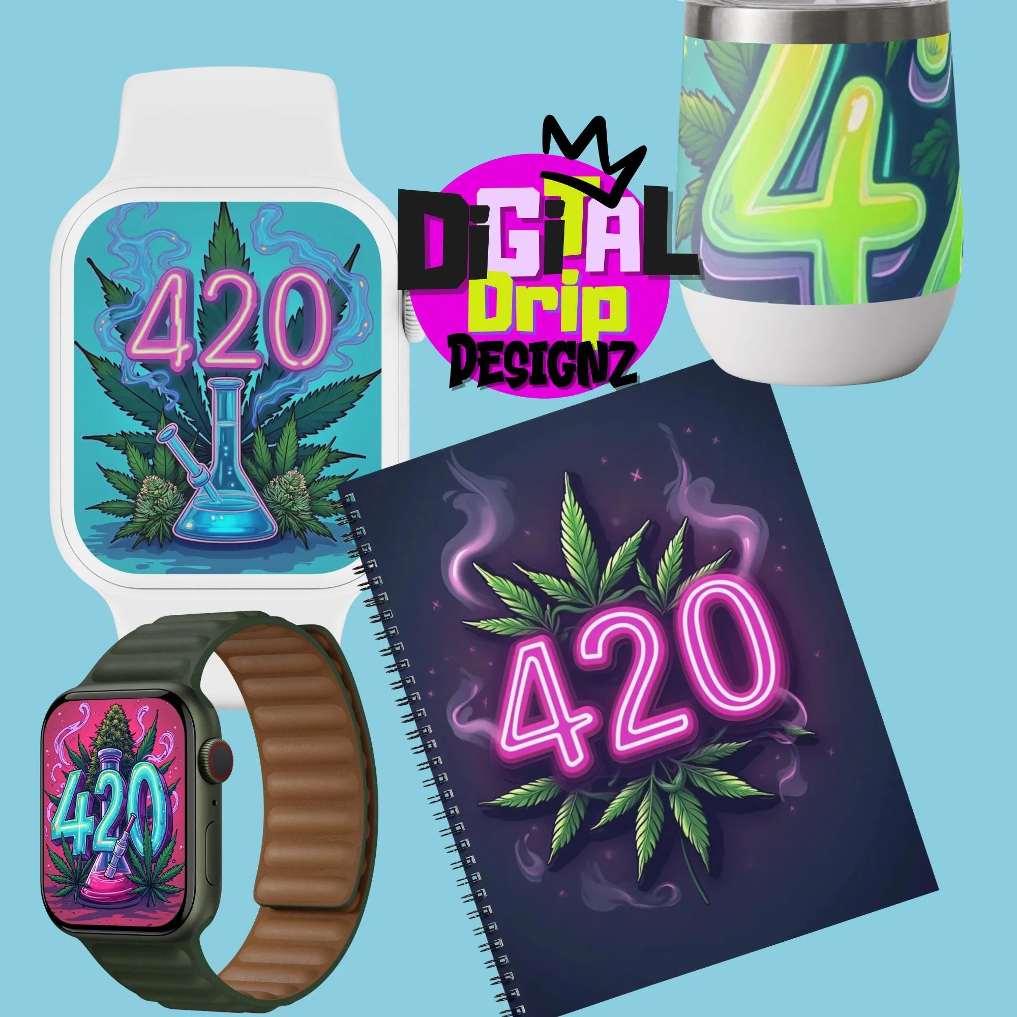 50  420 Friendly PNG Bundle | Neon Cannabis Clipart | Leaves, Weed, Smoke & Edgy Aesthetic | Digital Download for Sublimation, Stickers,
