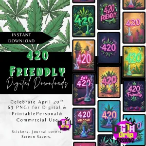 50  420 Friendly PNG Bundle | Neon Cannabis Clipart | Leaves, Weed, Smoke & Edgy Aesthetic | Digital Download for Sublimation, Stickers,