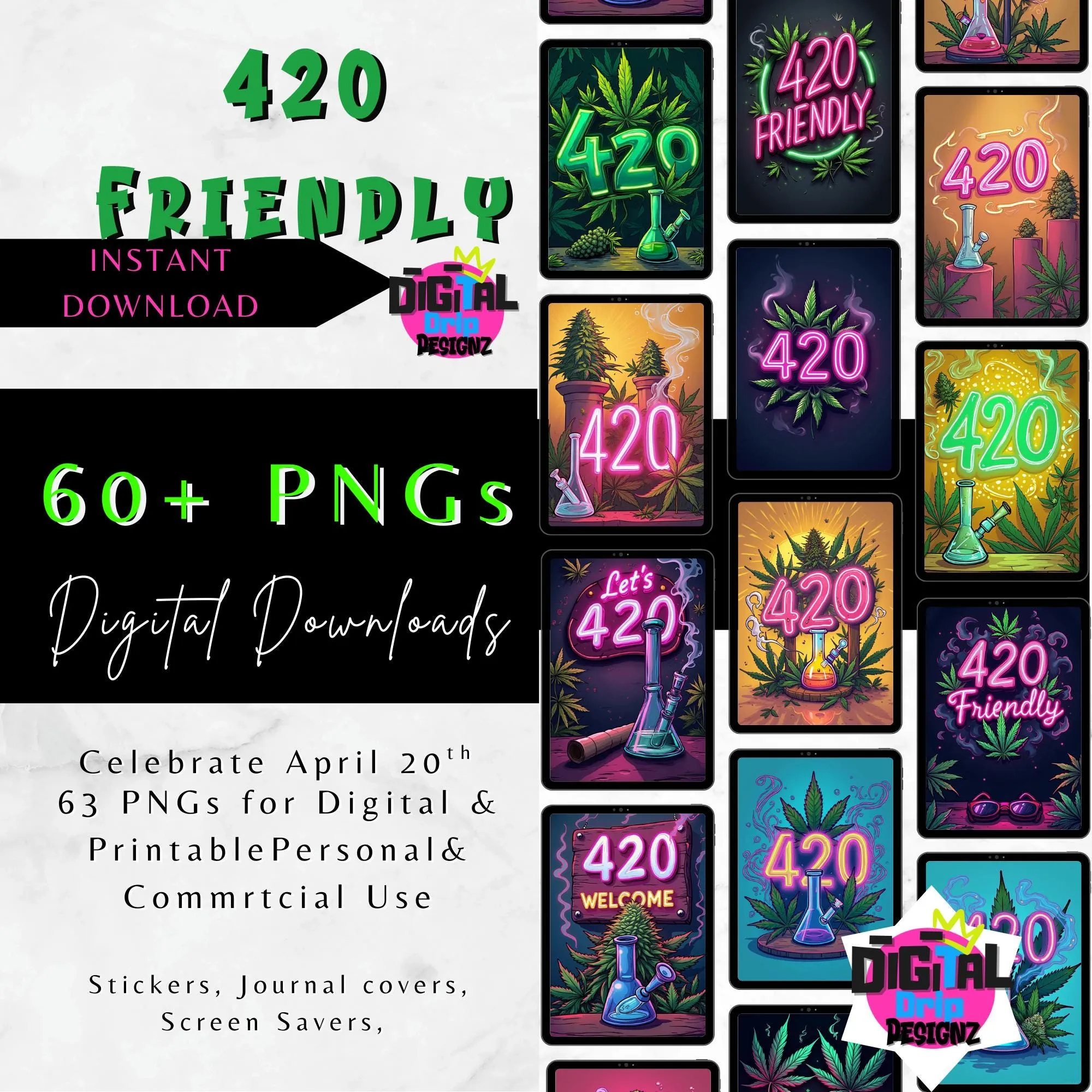 50  420 Friendly PNG Bundle | Neon Cannabis Clipart | Leaves, Weed, Smoke & Edgy Aesthetic | Digital Download for Sublimation, Stickers,