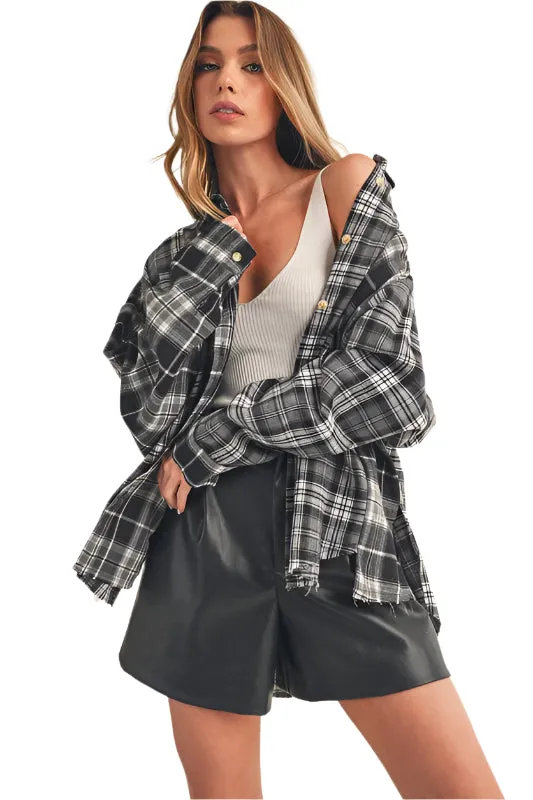 Aemi   Co Frayed Hem Plaid Button Up Flannel Shirt