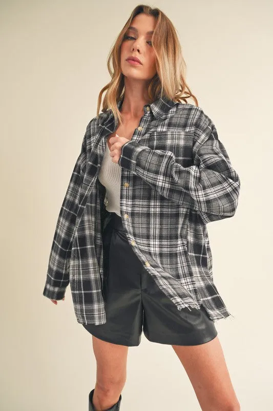 Aemi   Co Frayed Hem Plaid Button Up Flannel Shirt