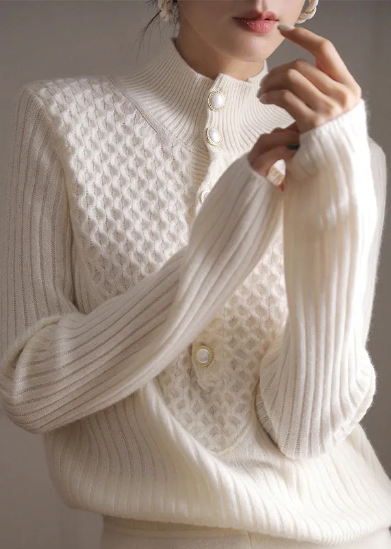 ALINE | STYLISH WHITE HIGH NECK BUTTON SWEATER