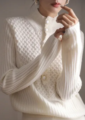 ALINE | STYLISH WHITE HIGH NECK BUTTON SWEATER