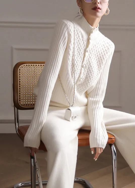 ALINE | STYLISH WHITE HIGH NECK BUTTON SWEATER