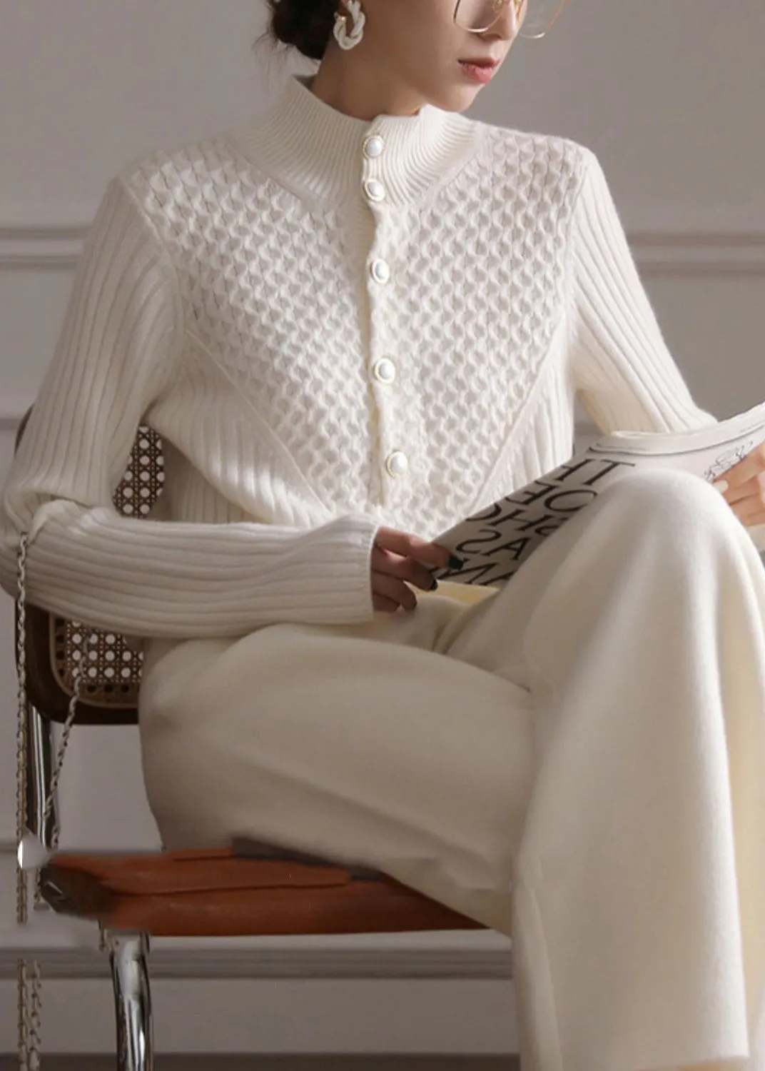 ALINE | STYLISH WHITE HIGH NECK BUTTON SWEATER