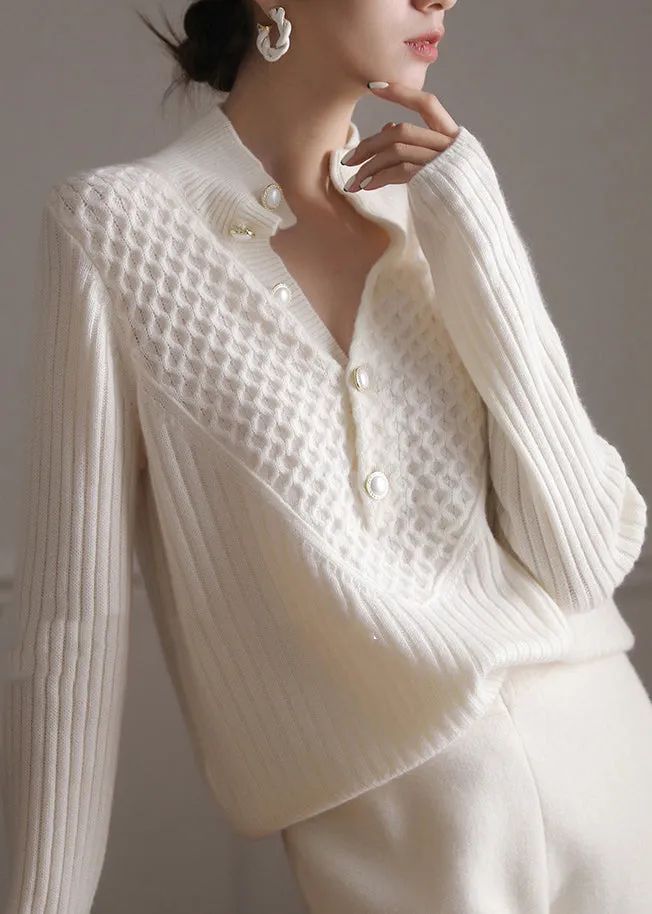 ALINE | STYLISH WHITE HIGH NECK BUTTON SWEATER