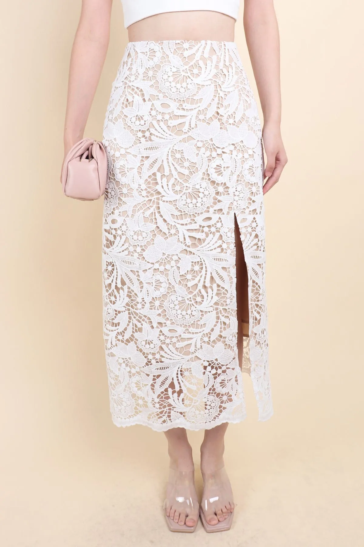 ANTOINETTE CROCHET SLIT MIDI SKIRT IN WHITE