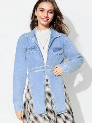 Asymmetric Slit Collared Neck Long Denim Top