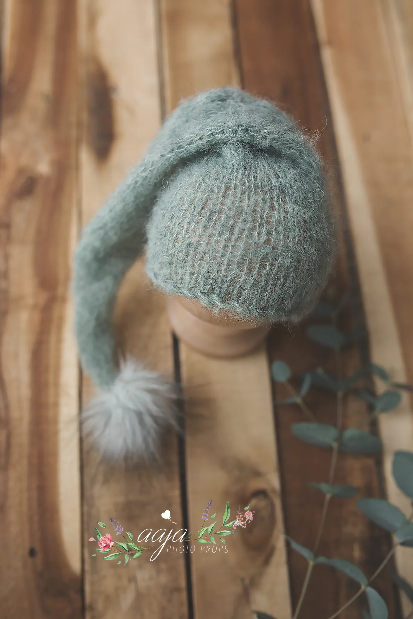 Baby newborn knitted wrap, hat, velvet bow set, sage, green, fur, Made to order