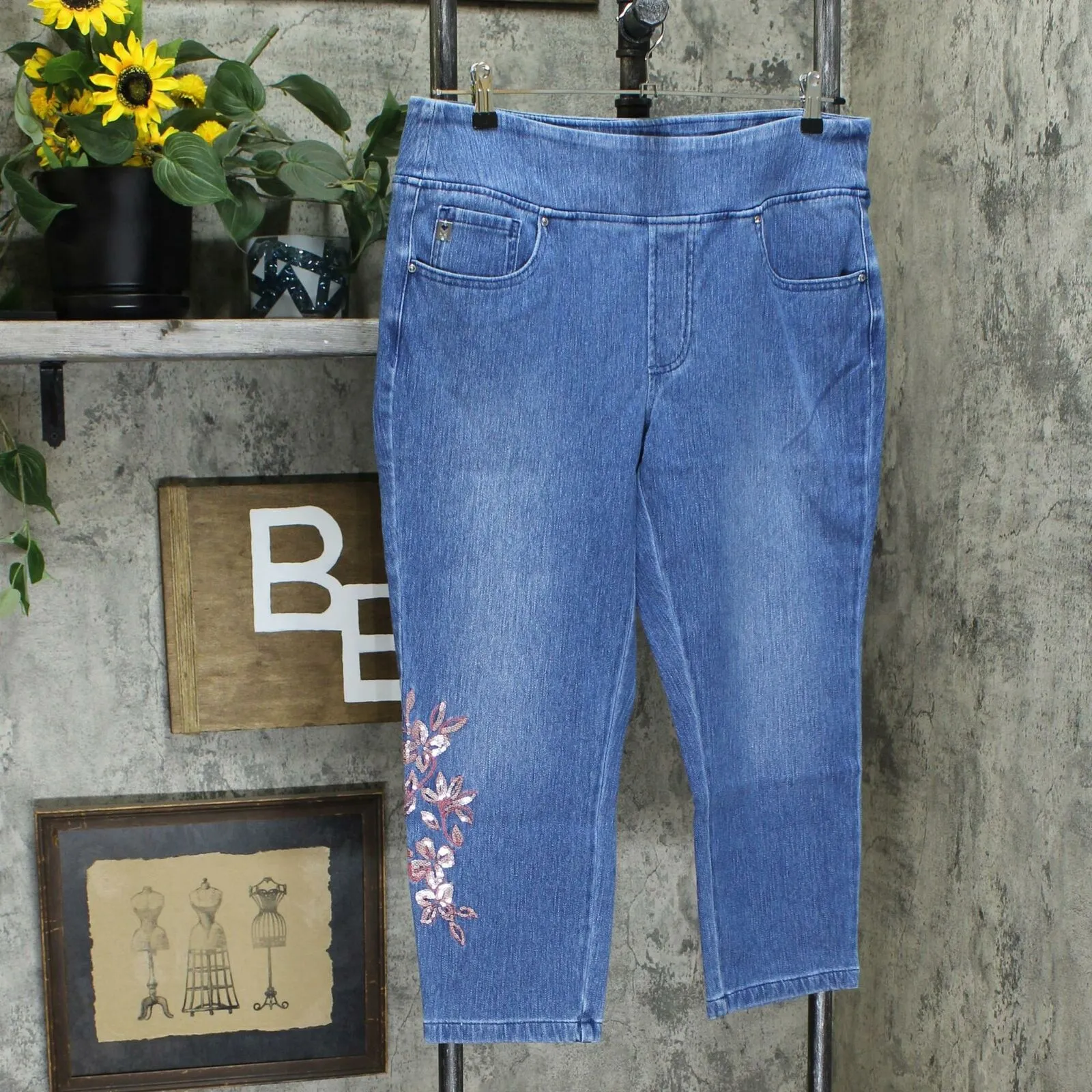 Belle by Kim Gravel Women's Flexibelle Floral Sequin Cropped Jeans