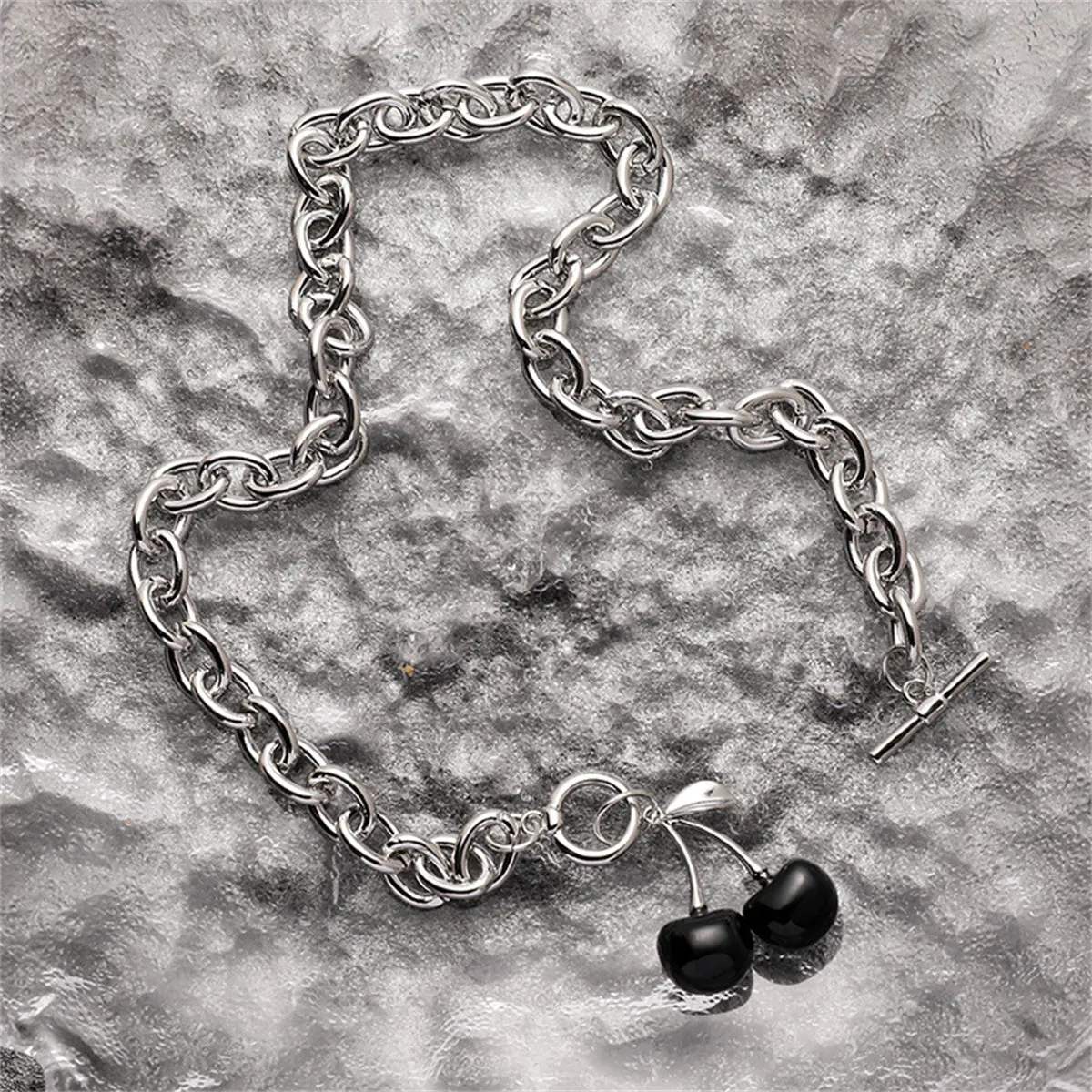 Black Enamel & Silver-Plated Cherry Pendant Toggle Necklace