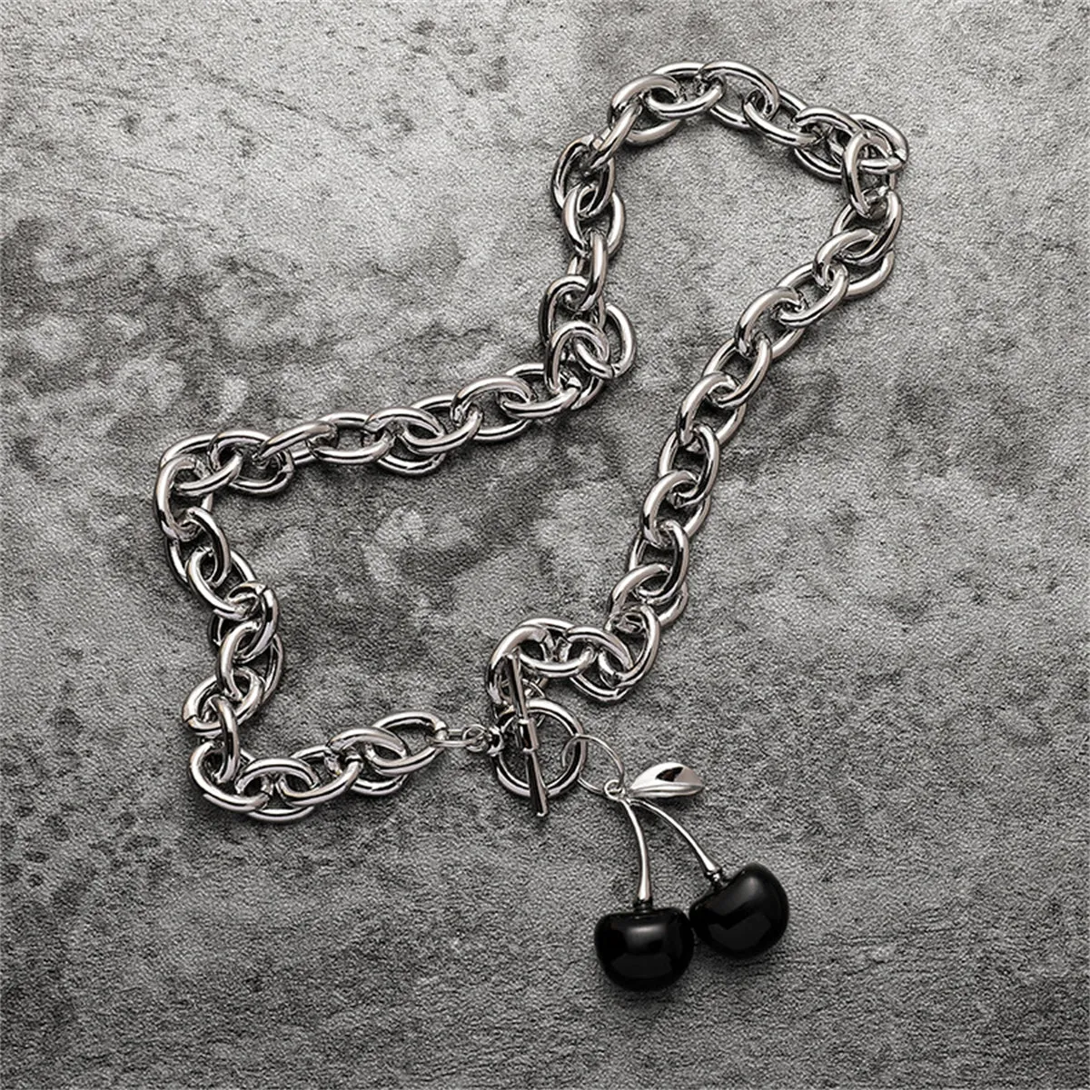 Black Enamel & Silver-Plated Cherry Pendant Toggle Necklace