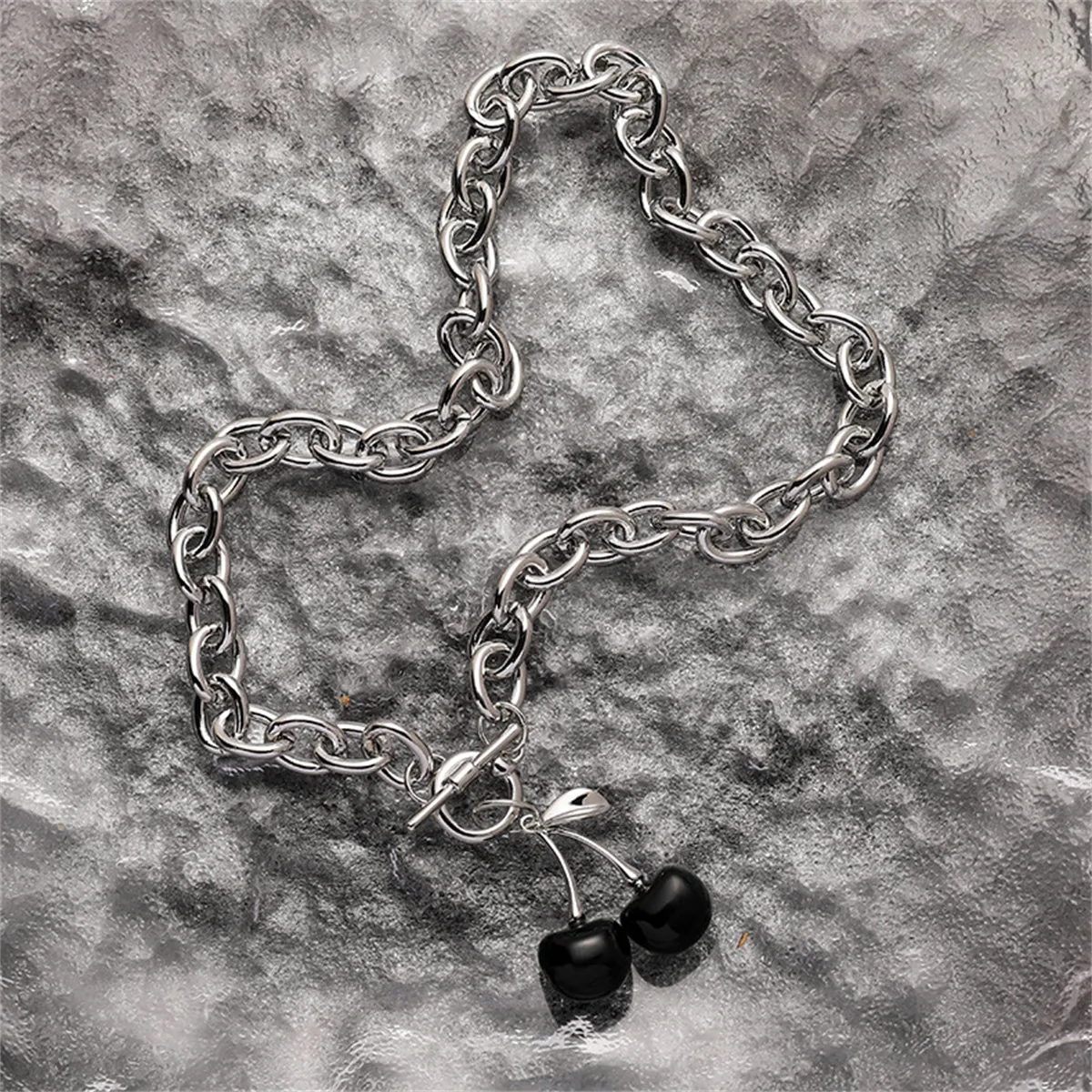 Black Enamel & Silver-Plated Cherry Pendant Toggle Necklace