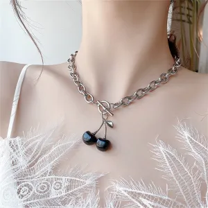 Black Enamel & Silver-Plated Cherry Pendant Toggle Necklace