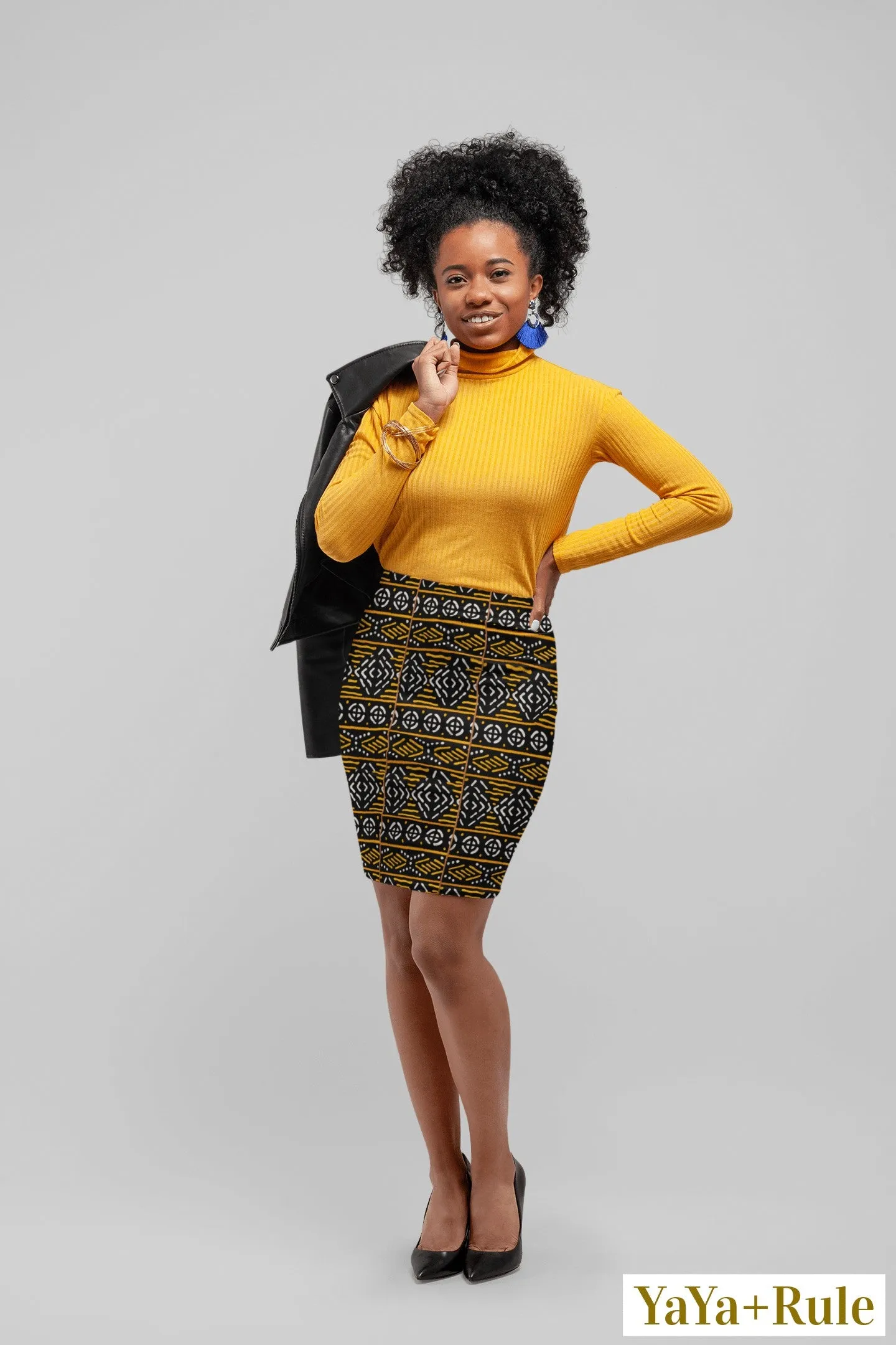 Black Yellow Bogolan African print Pencil Skirt