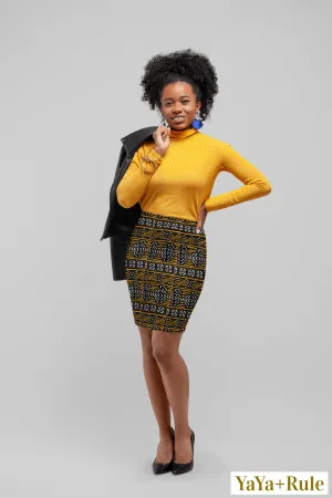 Black Yellow Bogolan African print Pencil Skirt