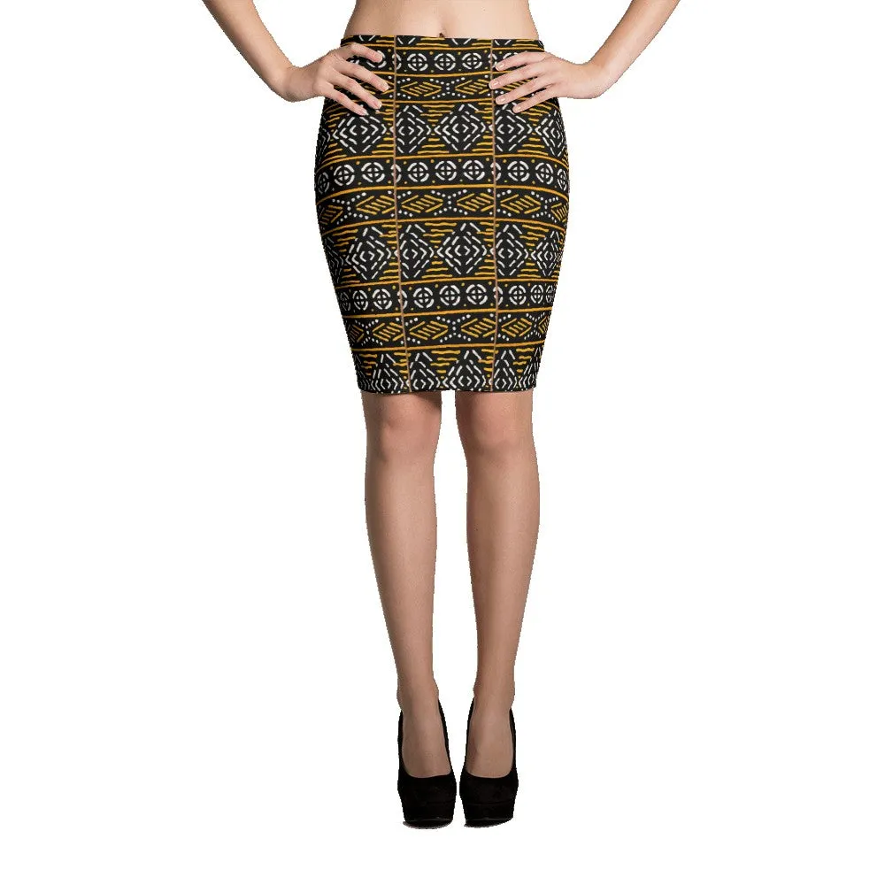 Black Yellow Bogolan African print Pencil Skirt