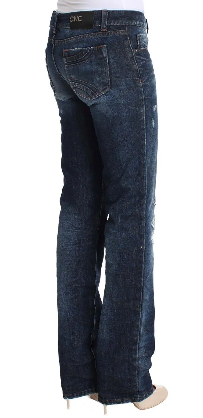 Blue Cotton Torn Regular Fit Jeans