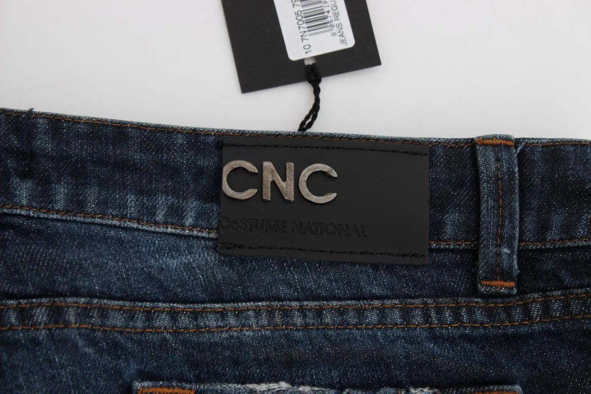 Blue Cotton Torn Regular Fit Jeans