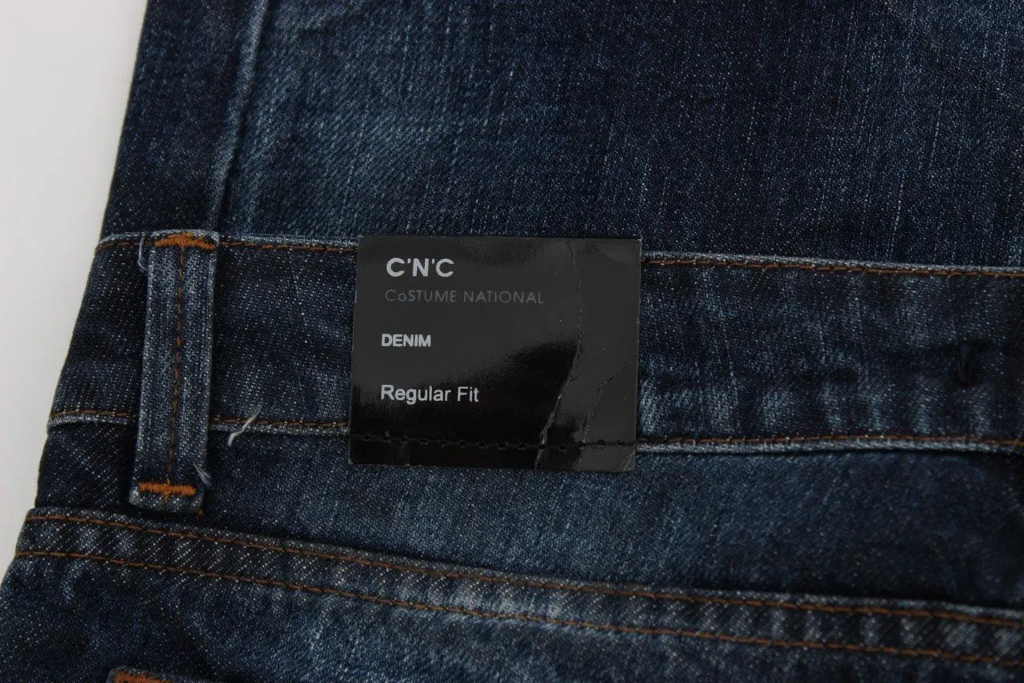 Blue Cotton Torn Regular Fit Jeans