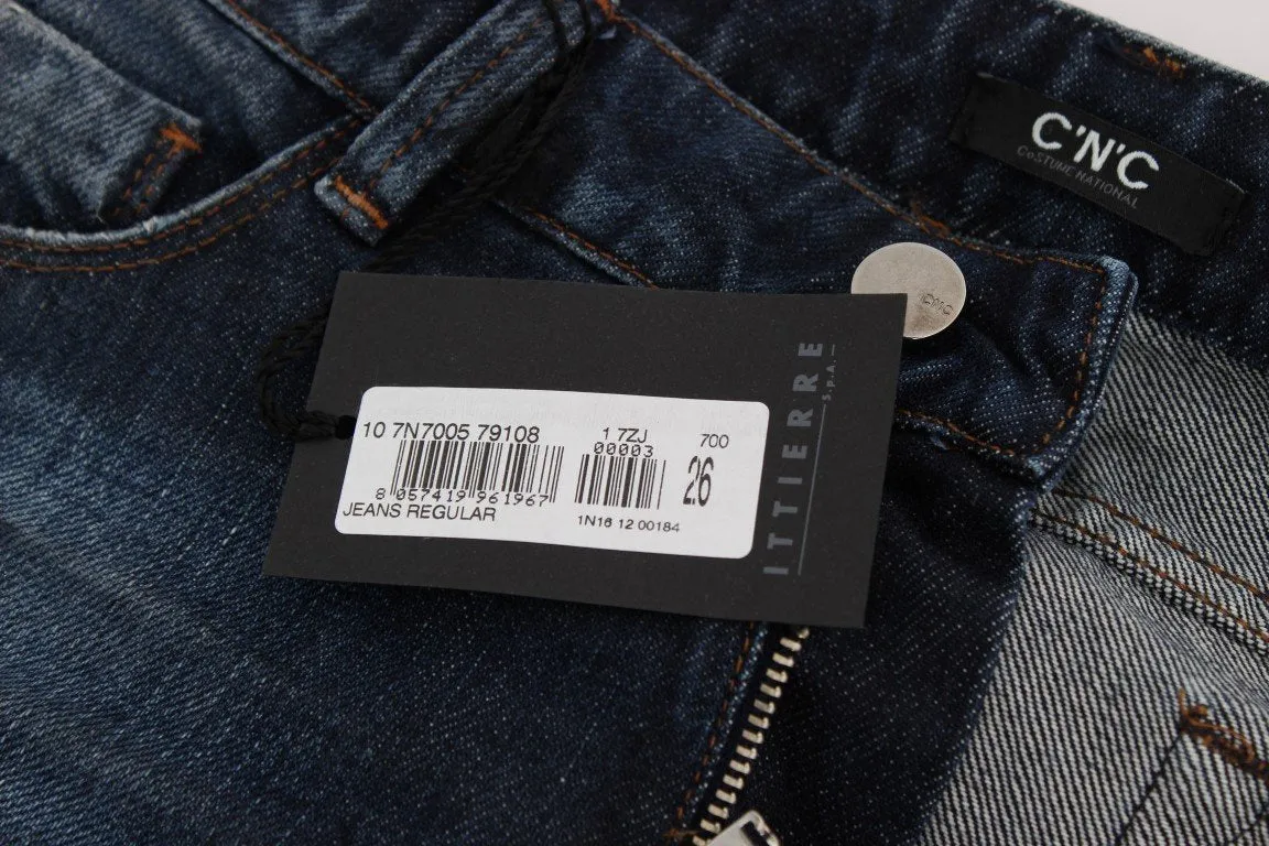 Blue Cotton Torn Regular Fit Jeans