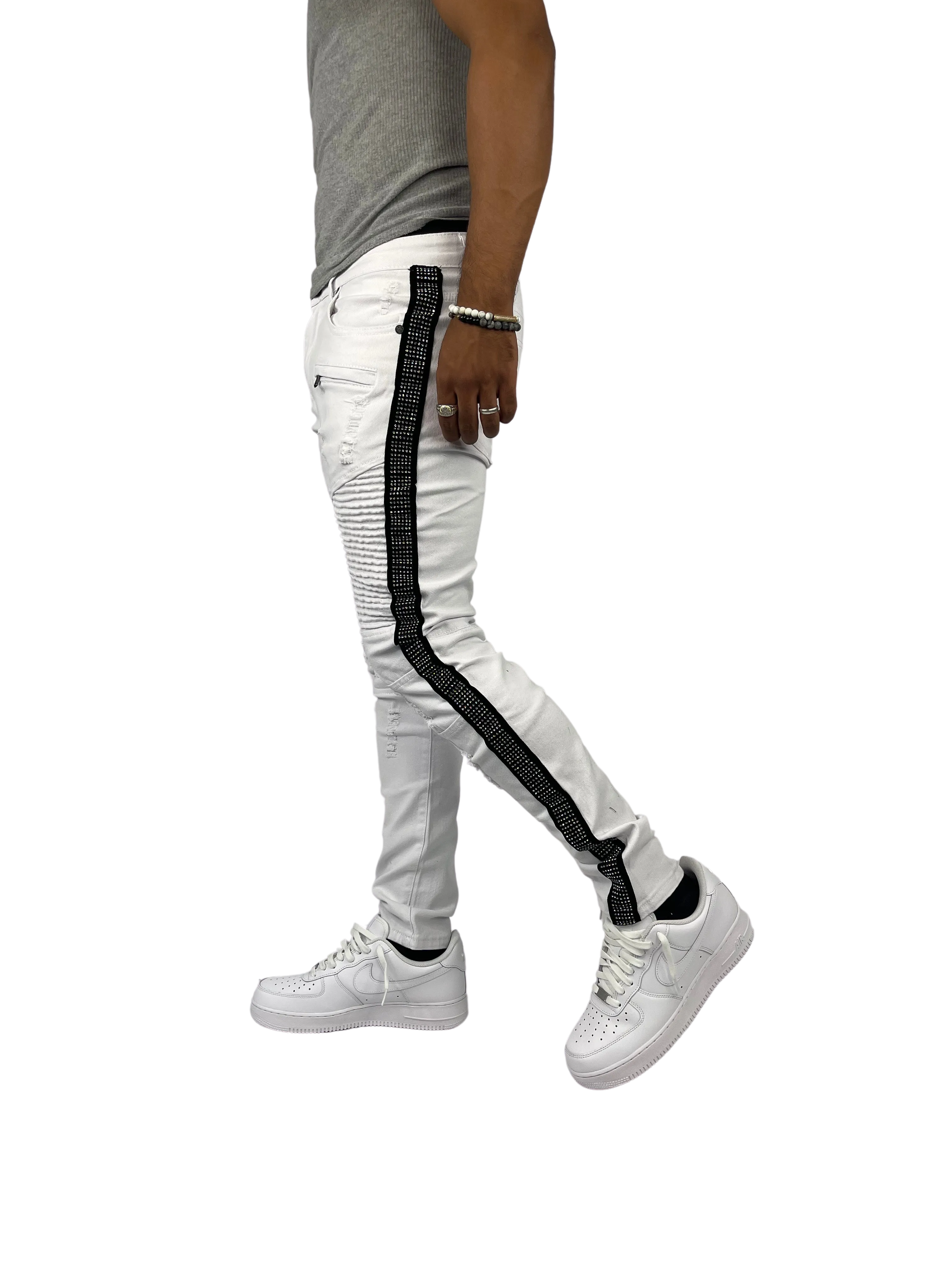 BTP221159: Moto Rhinestone Stripe Jeans (Skinny Fit)