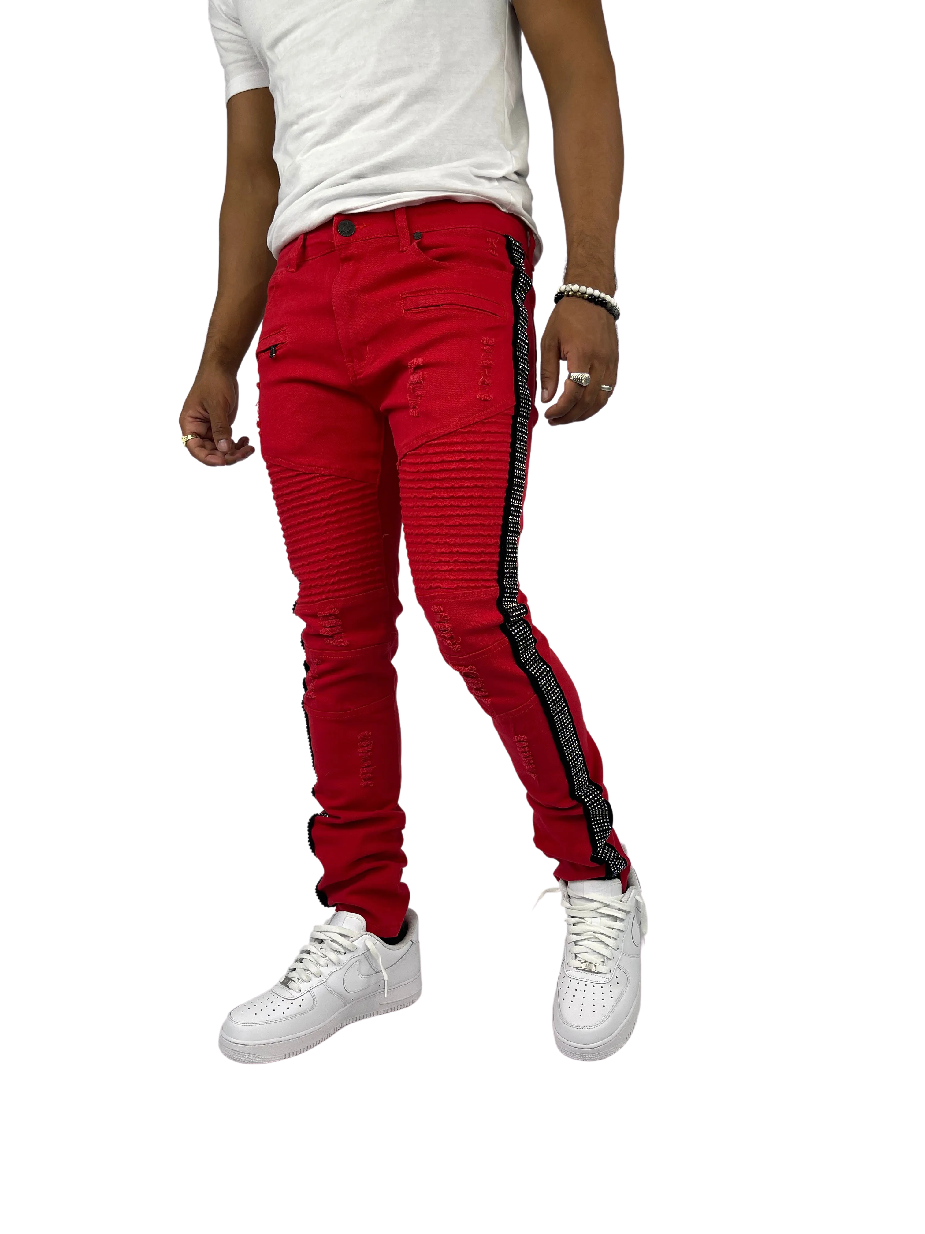 BTP221159: Moto Rhinestone Stripe Jeans (Skinny Fit)