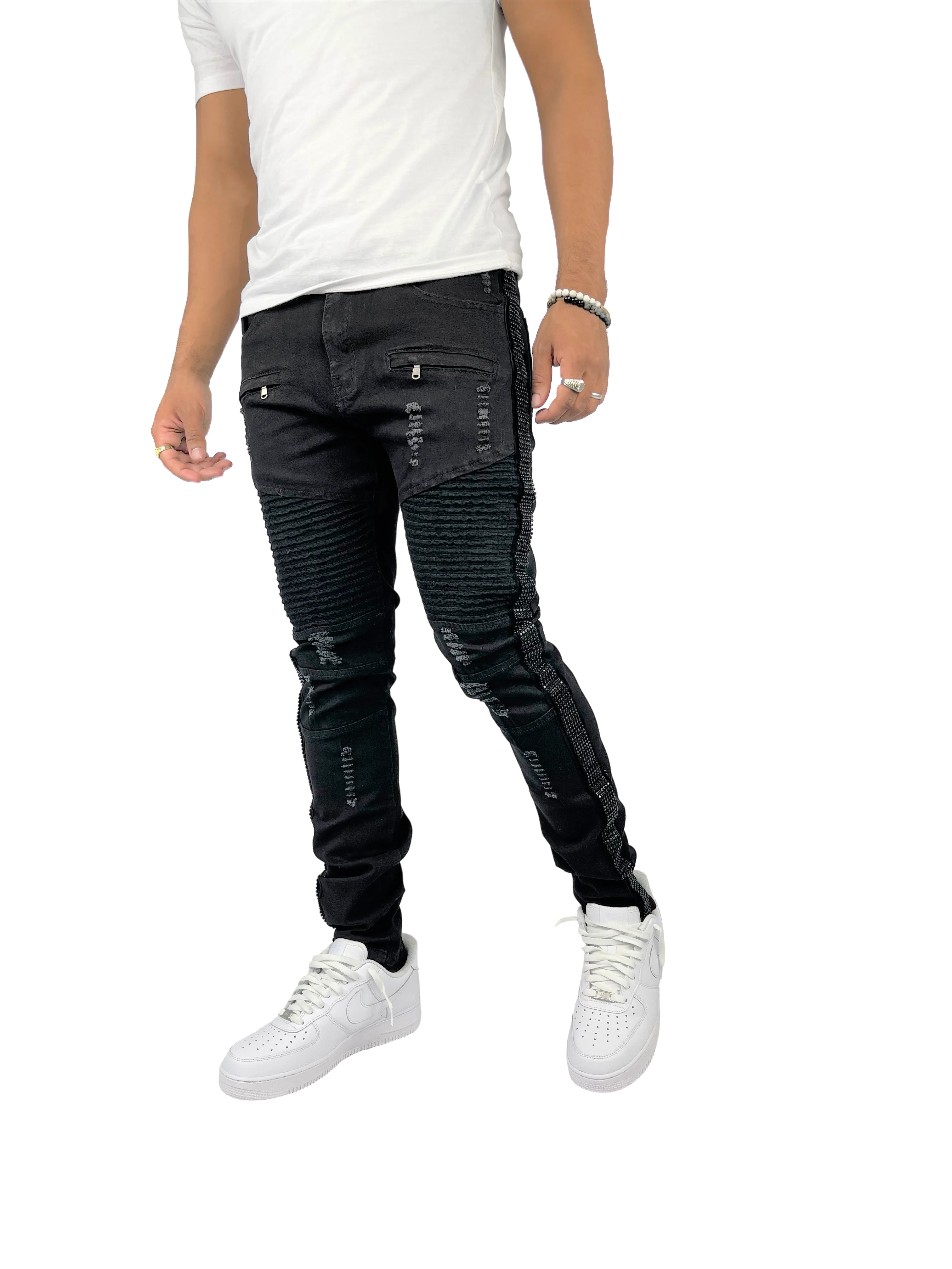 BTP221159: Moto Rhinestone Stripe Jeans (Skinny Fit)