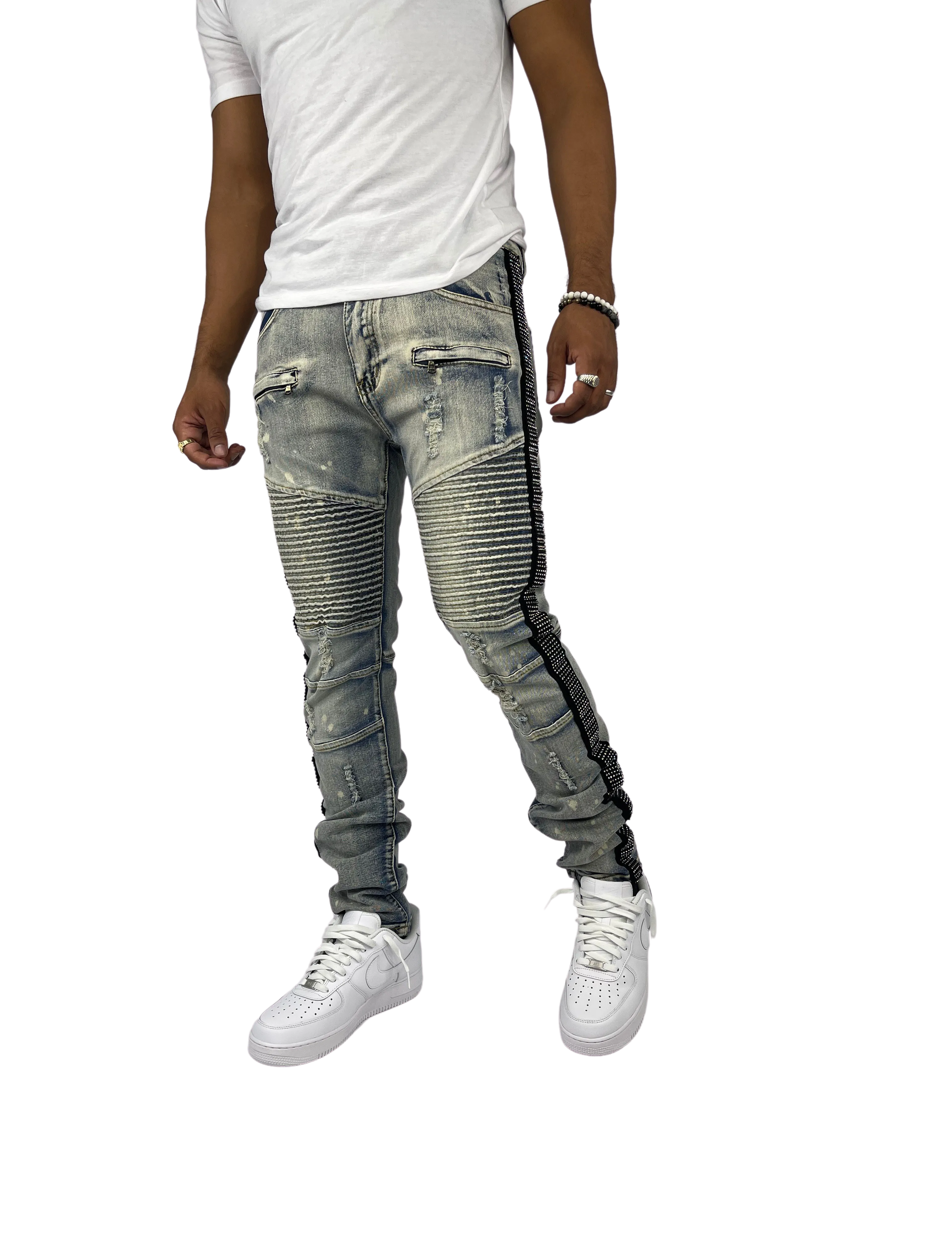 BTP221159: Moto Rhinestone Stripe Jeans (Skinny Fit)