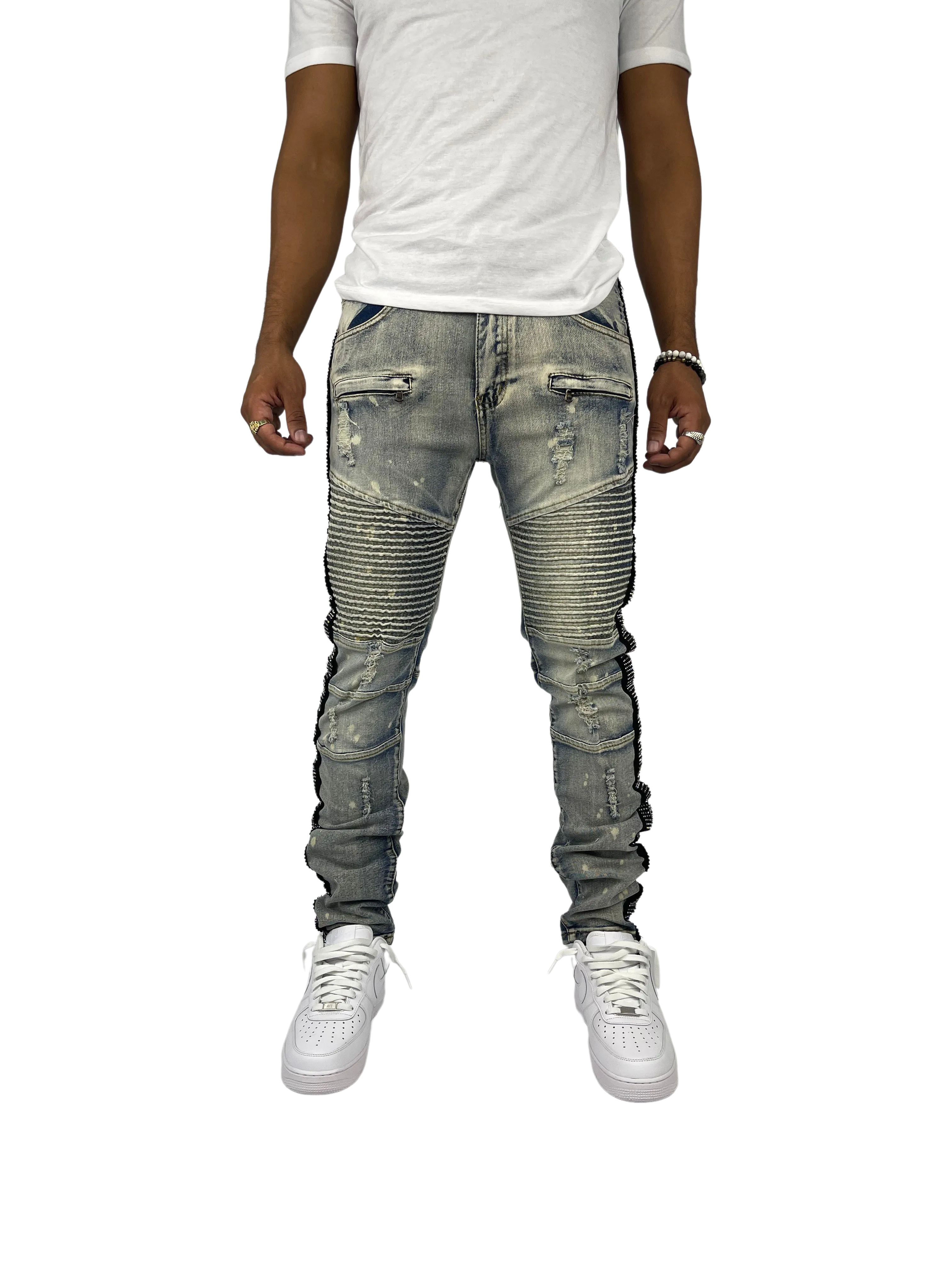 BTP221159: Moto Rhinestone Stripe Jeans (Skinny Fit)