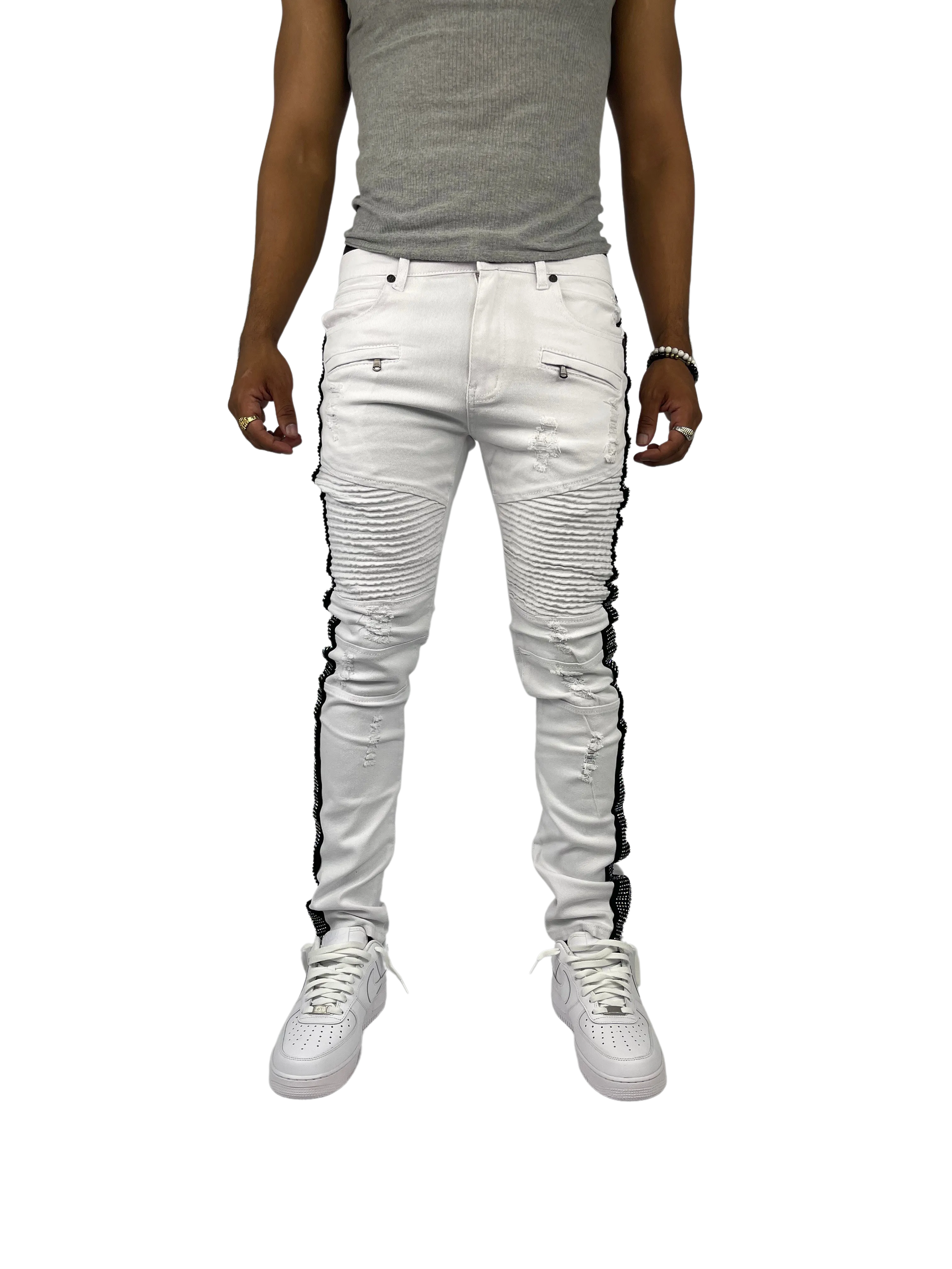 BTP221159: Moto Rhinestone Stripe Jeans (Skinny Fit)