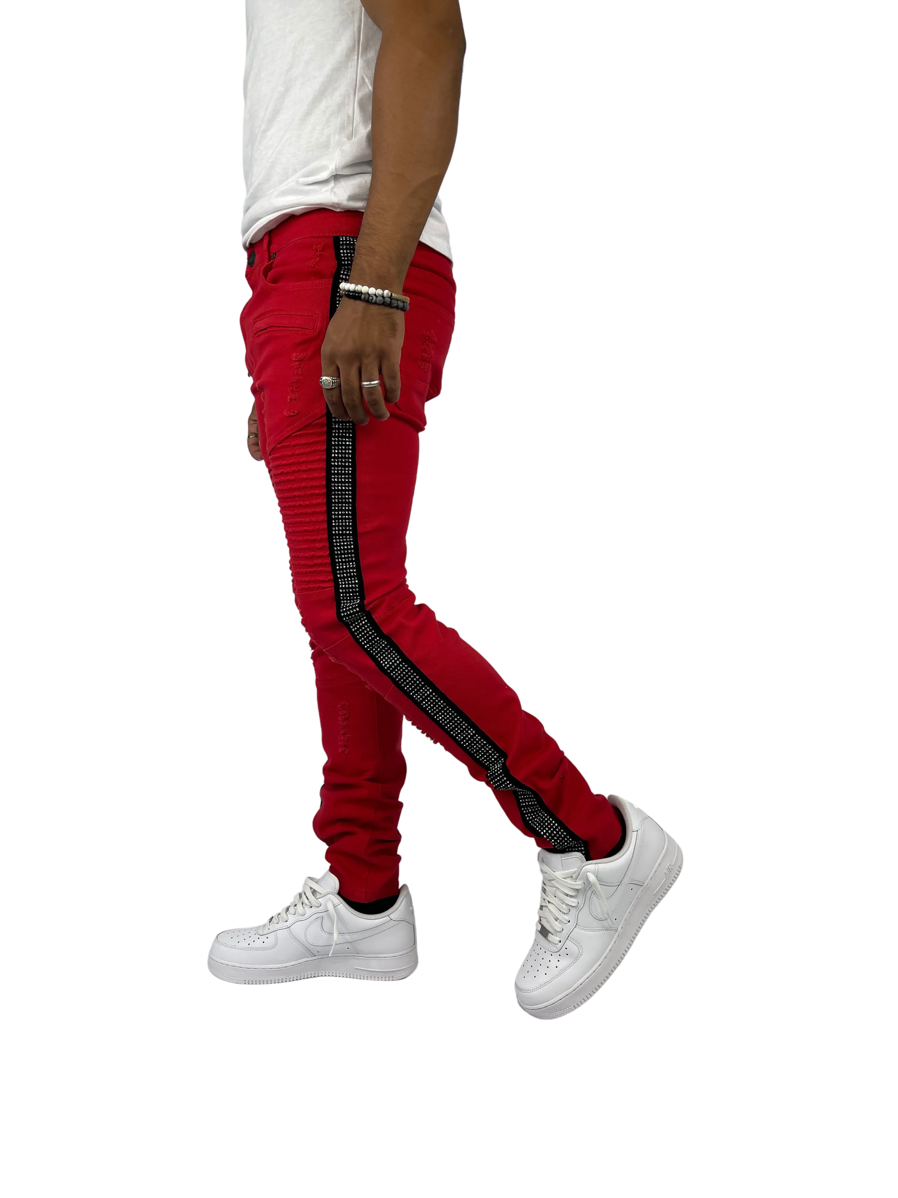 BTP221159: Moto Rhinestone Stripe Jeans (Skinny Fit)
