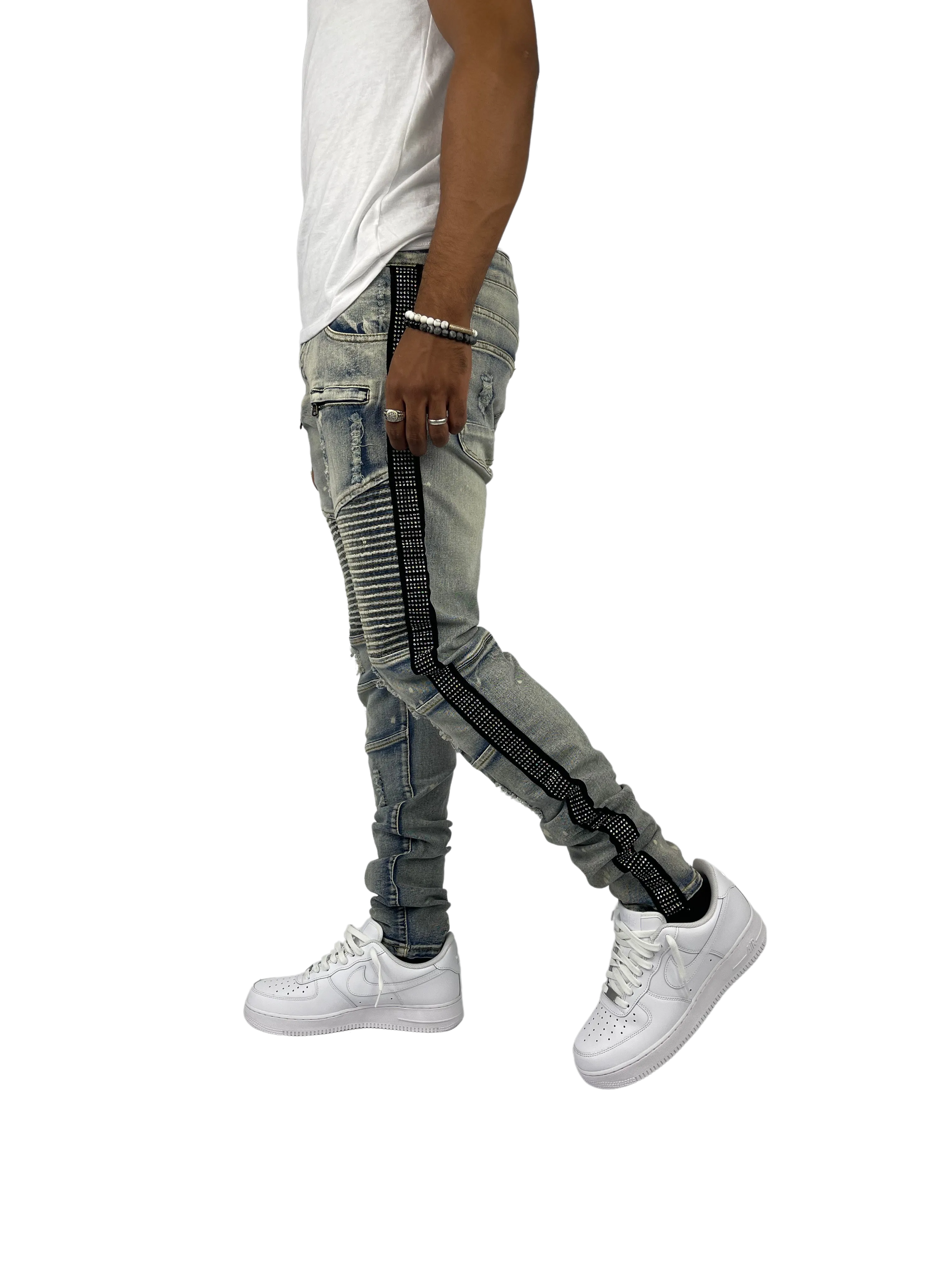 BTP221159: Moto Rhinestone Stripe Jeans (Skinny Fit)