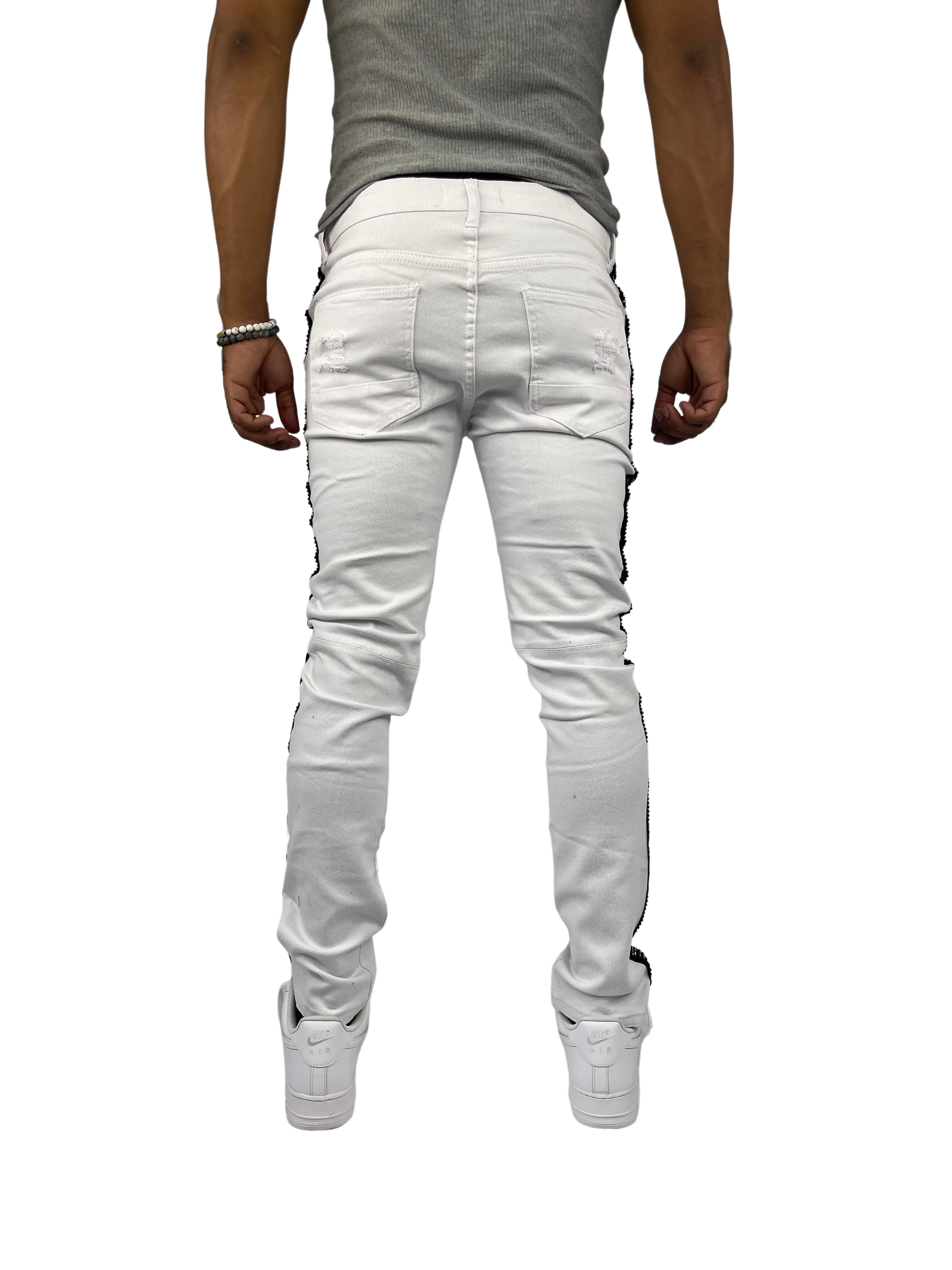 BTP221159: Moto Rhinestone Stripe Jeans (Skinny Fit)