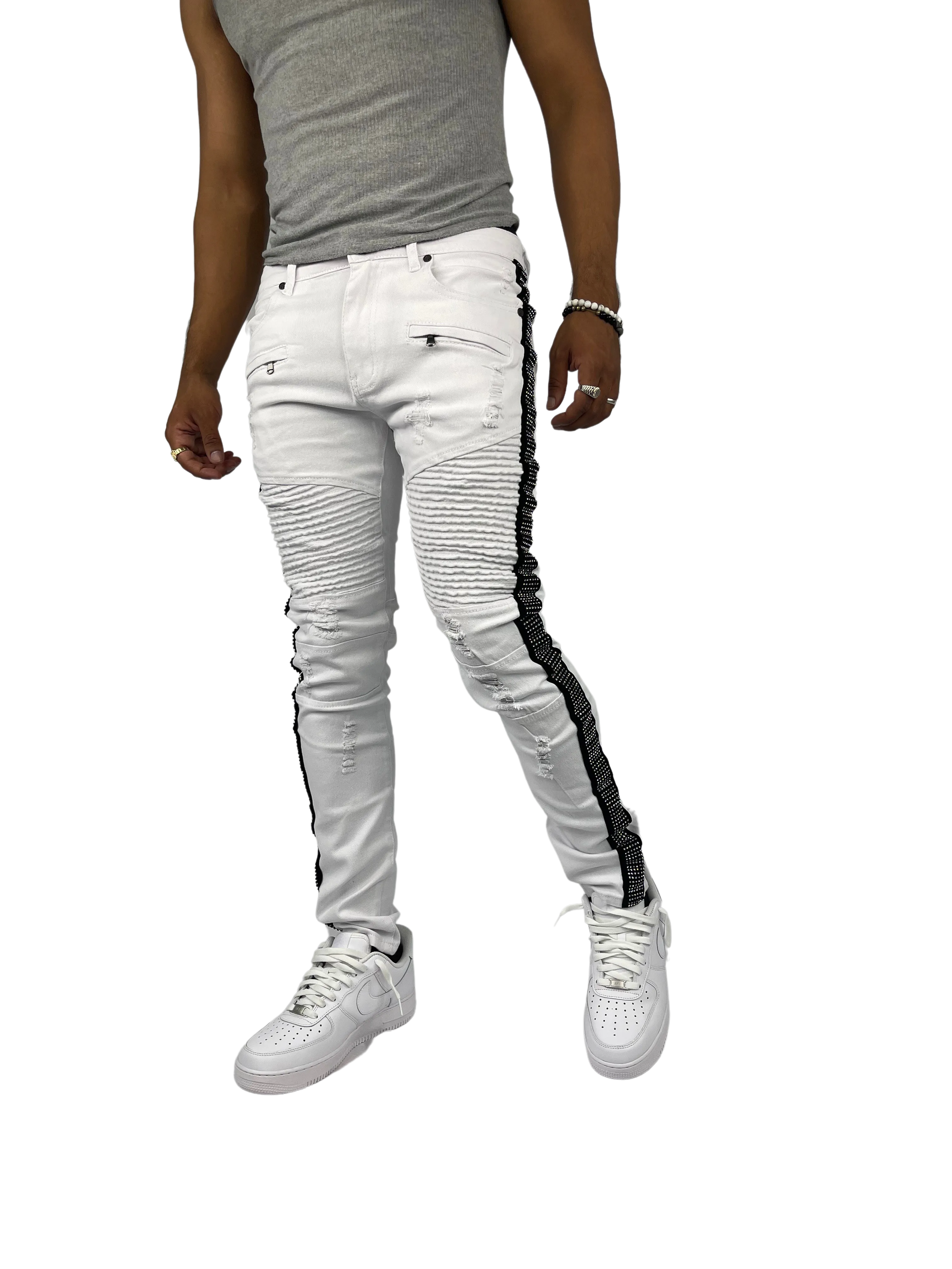 BTP221159: Moto Rhinestone Stripe Jeans (Skinny Fit)
