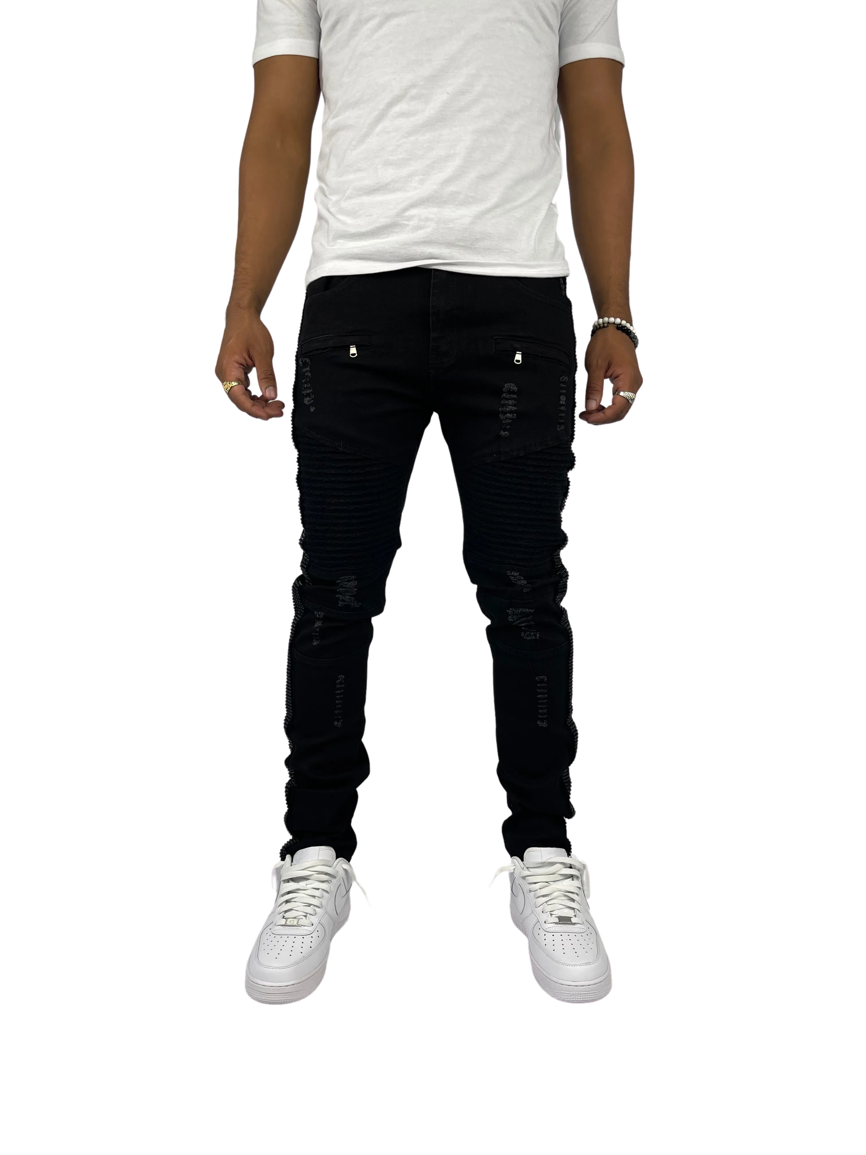 BTP221159: Moto Rhinestone Stripe Jeans (Skinny Fit)