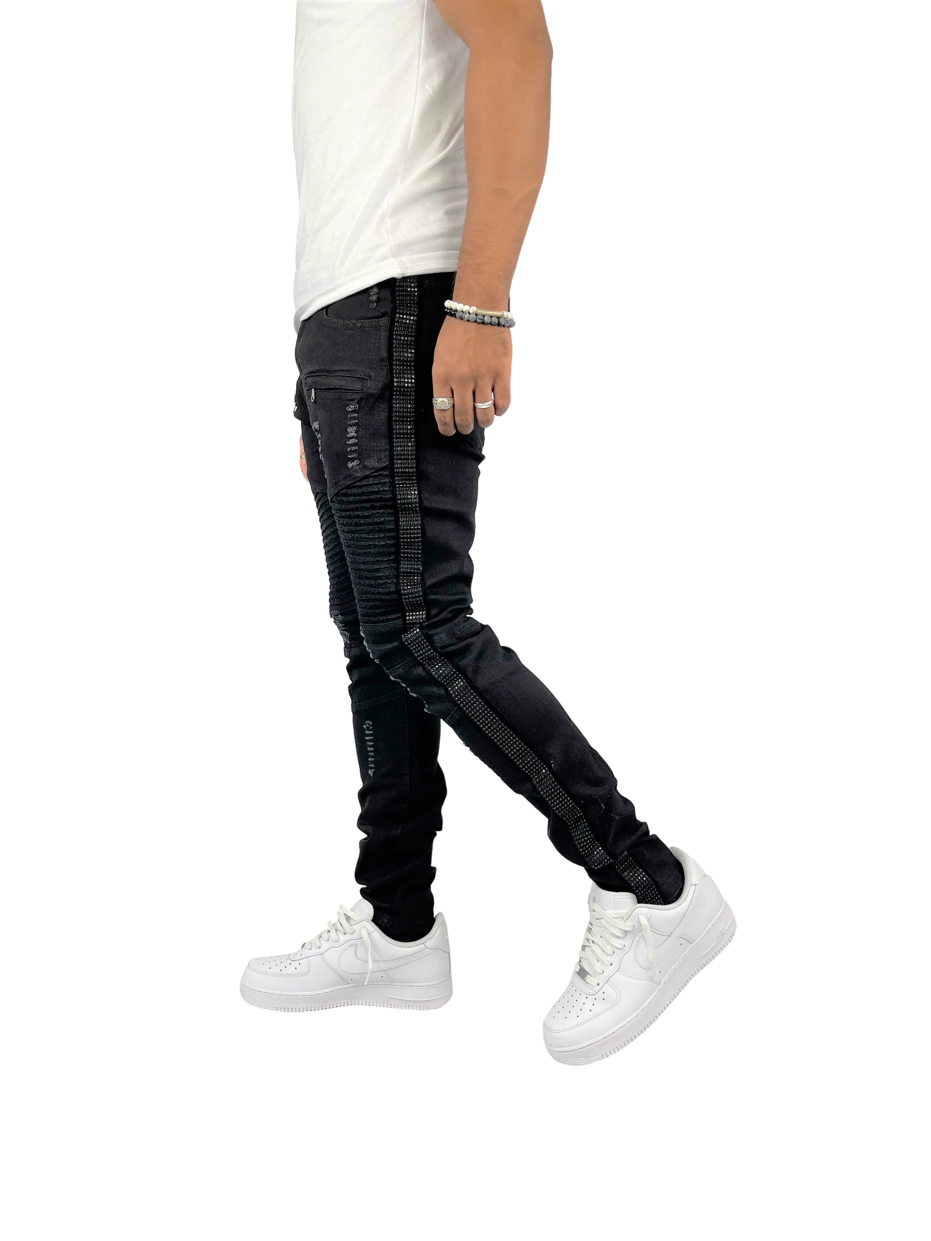 BTP221159: Moto Rhinestone Stripe Jeans (Skinny Fit)