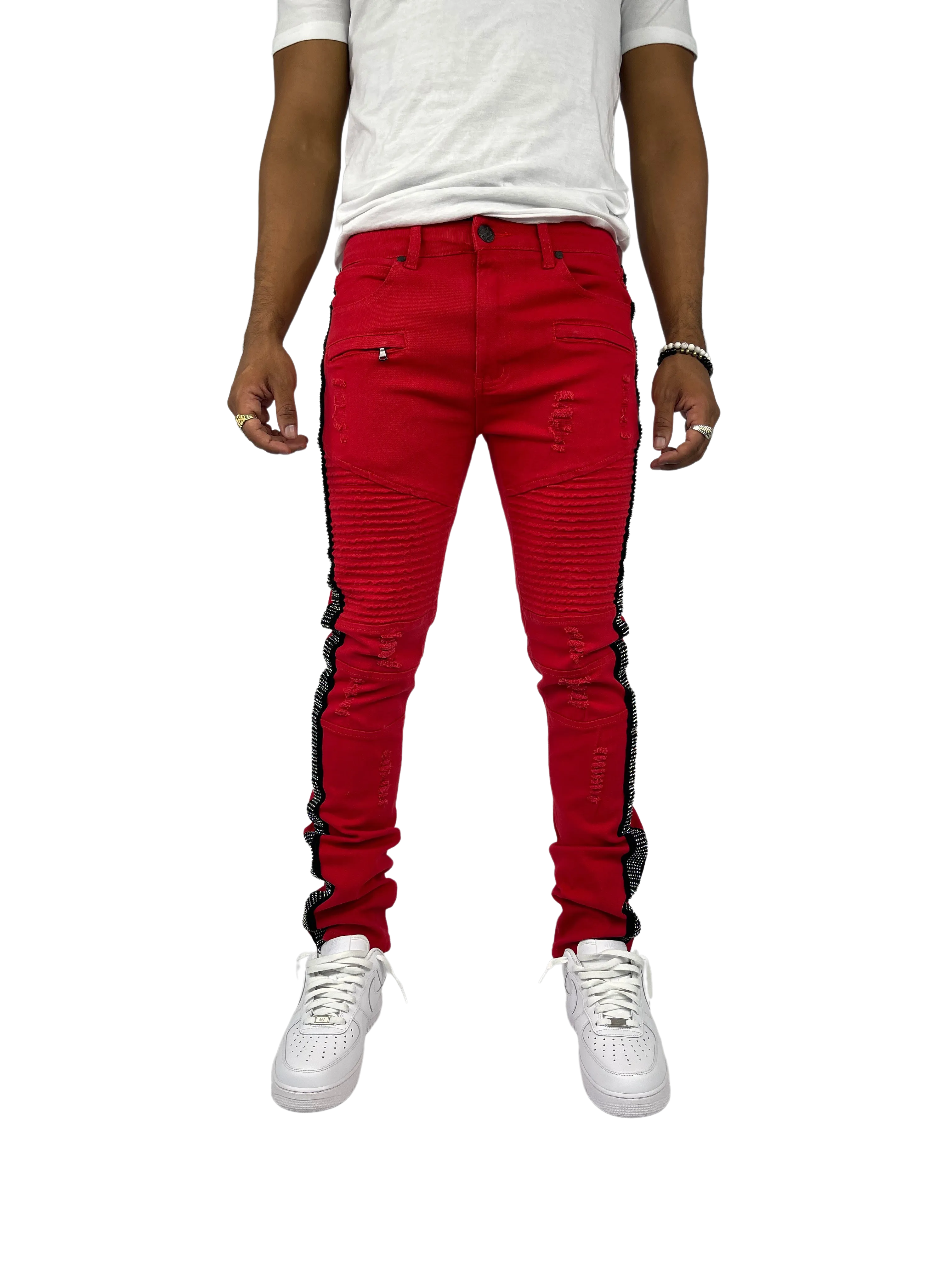 BTP221159: Moto Rhinestone Stripe Jeans (Skinny Fit)