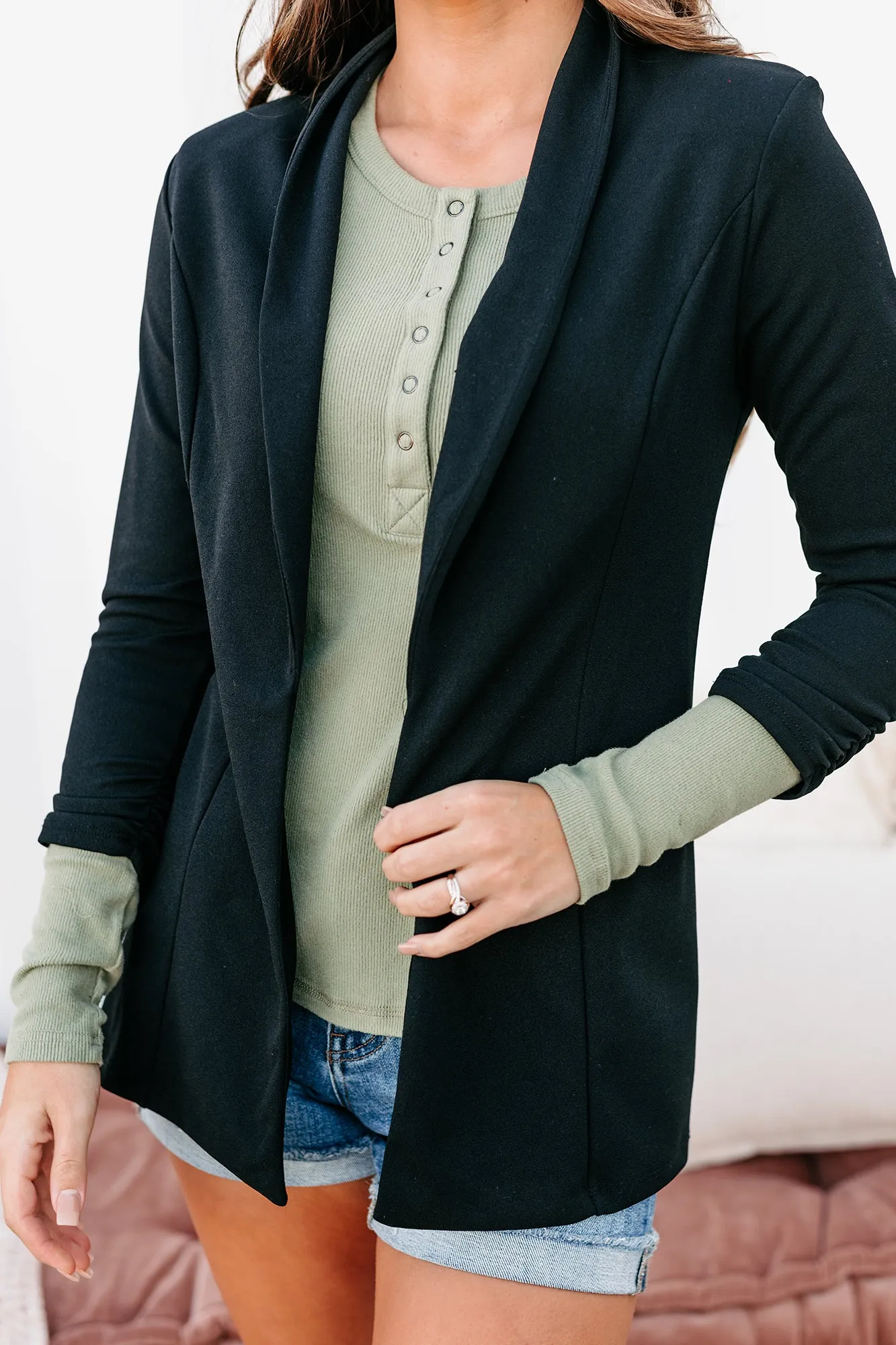 Business First Open Front Ruched Sleeve Blazer (Black)