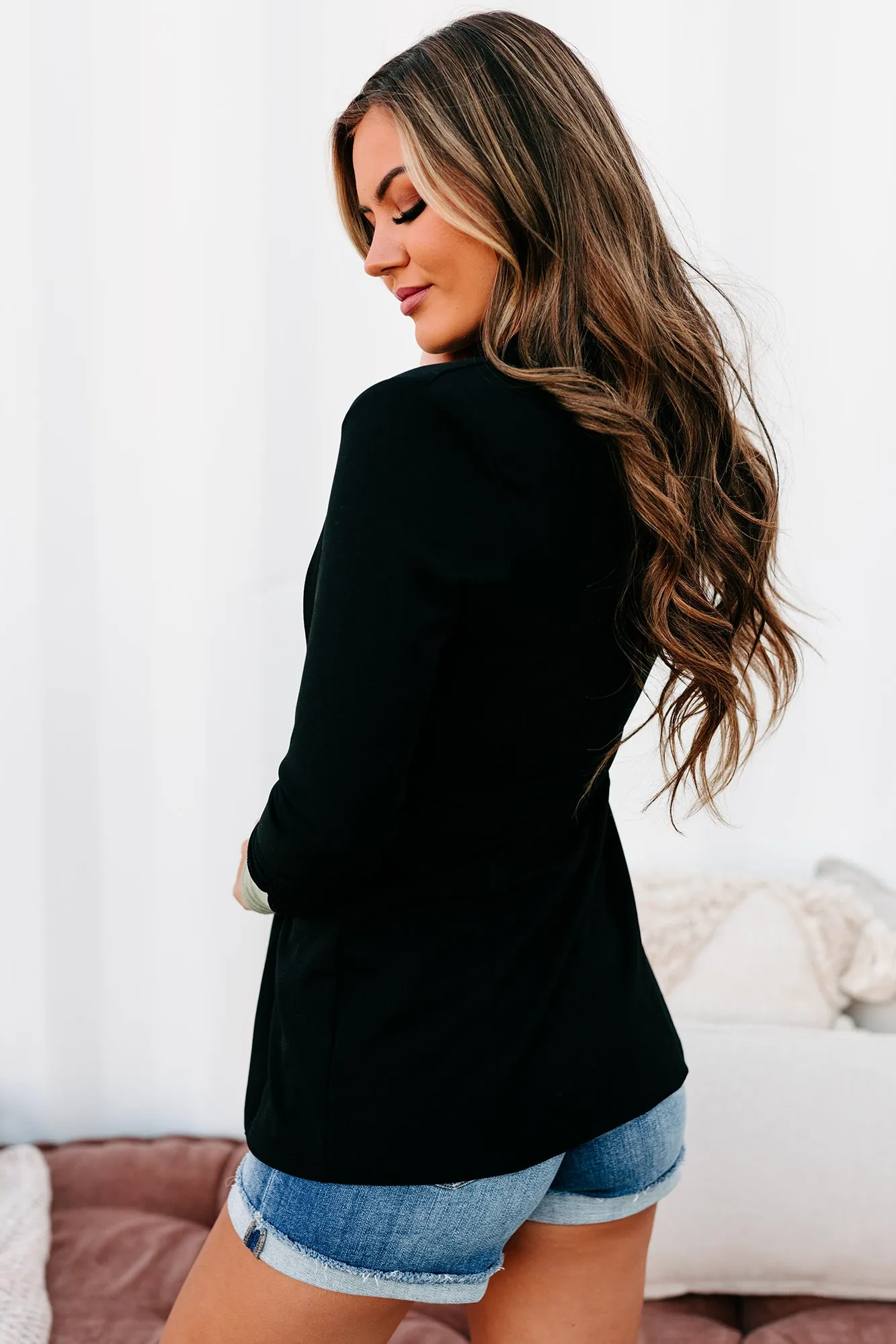 Business First Open Front Ruched Sleeve Blazer (Black)