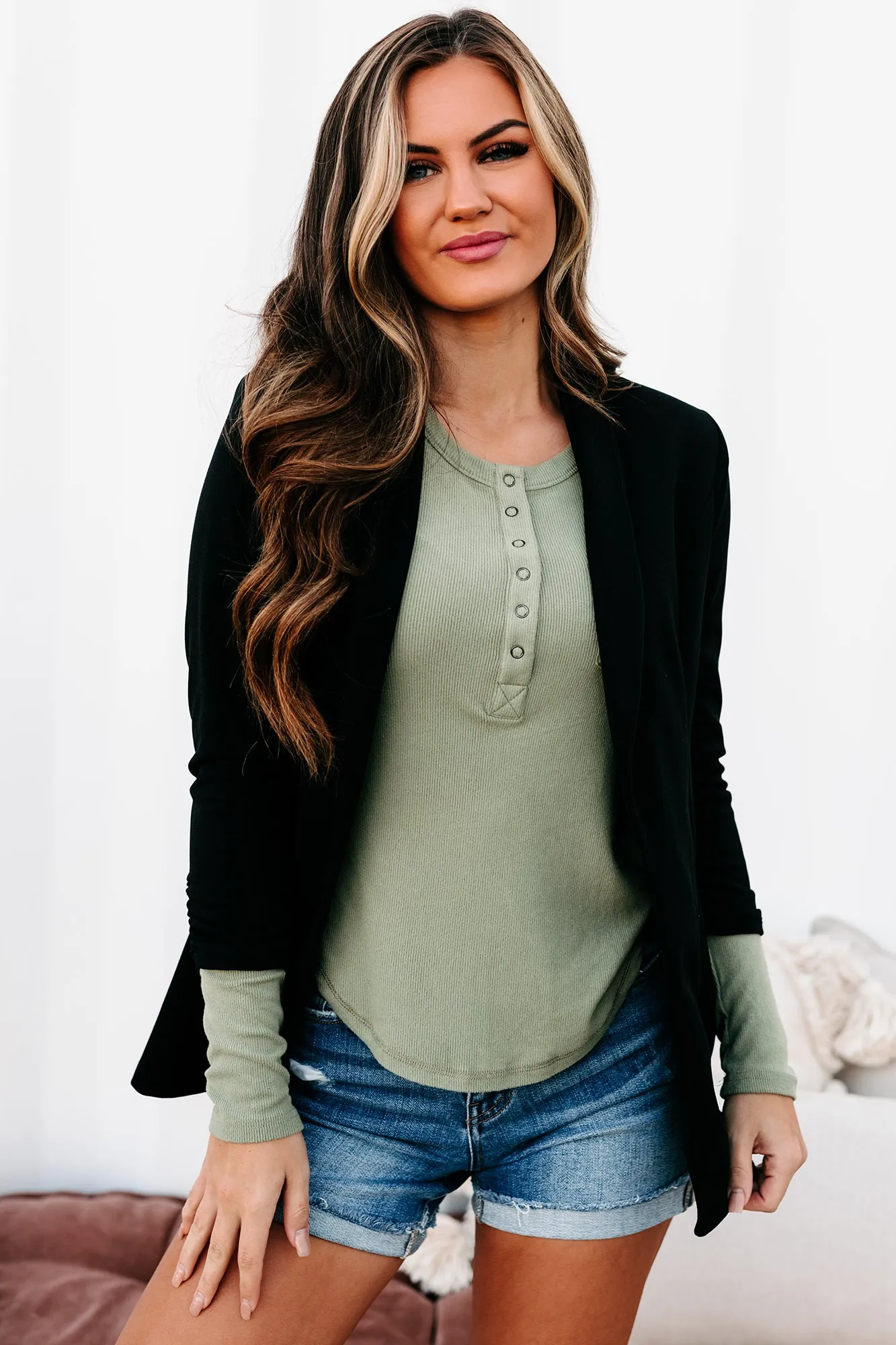 Business First Open Front Ruched Sleeve Blazer (Black)