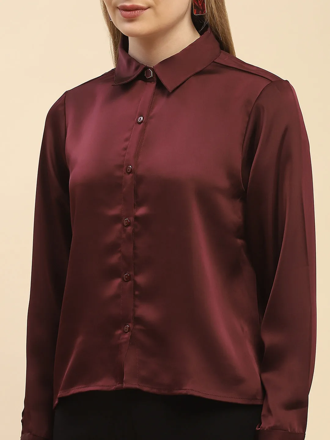 Camla Barcelona Solid Maroon Satin Shirt