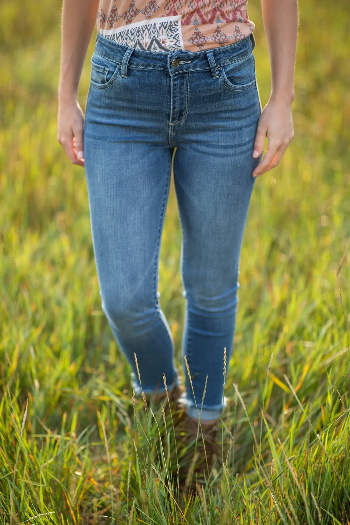 Cello Cropped Medium Wash Raw Hem Skinny Jeans