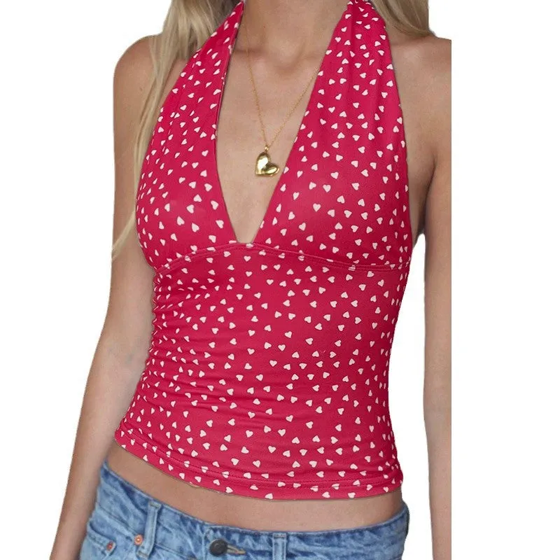 Charming Heart Print V-Neck Halter Backless Fitted Top