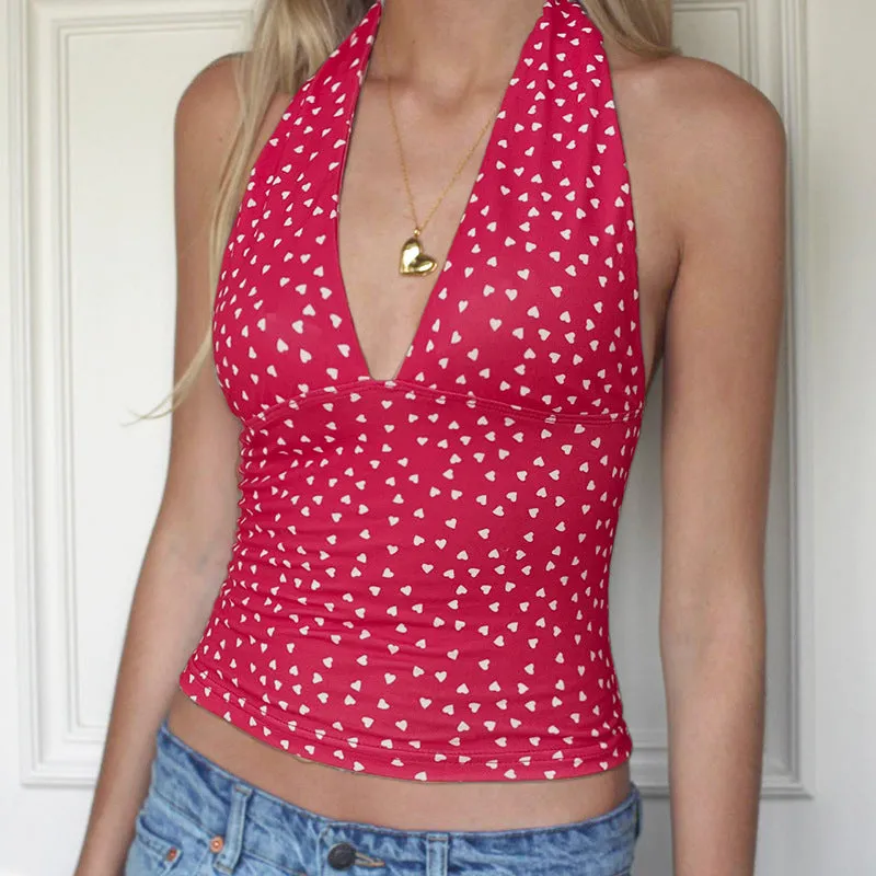 Charming Heart Print V-Neck Halter Backless Fitted Top