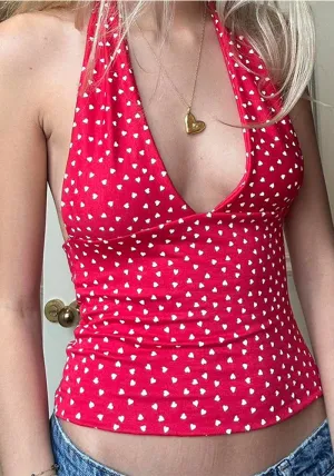 Charming Heart Print V-Neck Halter Backless Fitted Top