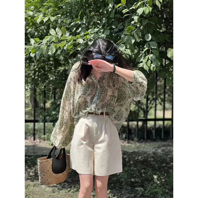 Chiffon Shirt for Women Loose Fit T-shirt Retro Floral Long Sleeve V-neck Blouse Casual Elegant Top Thin Female Clothing Summer