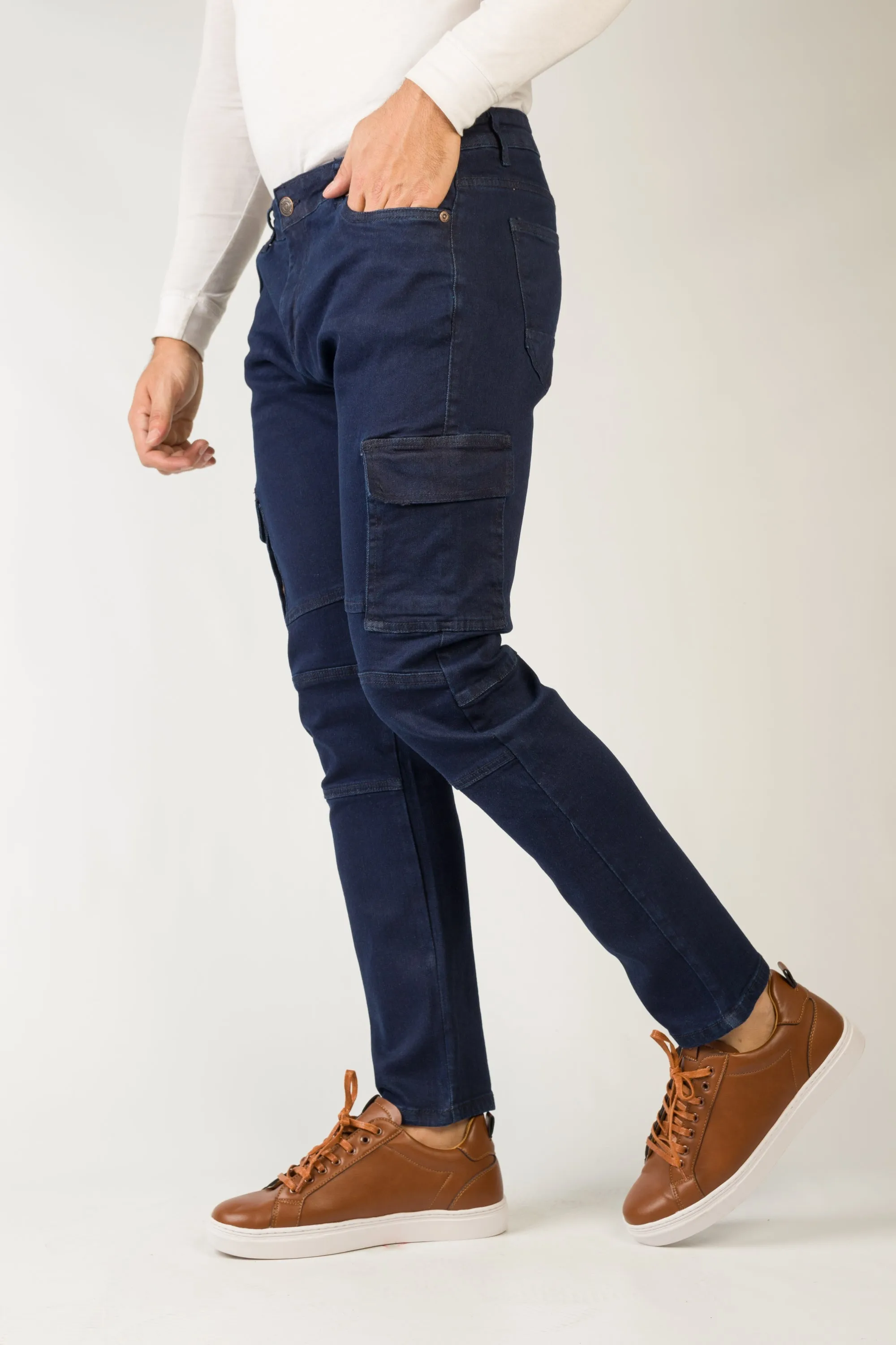 Cropped Fit Navy Cargo Jeans