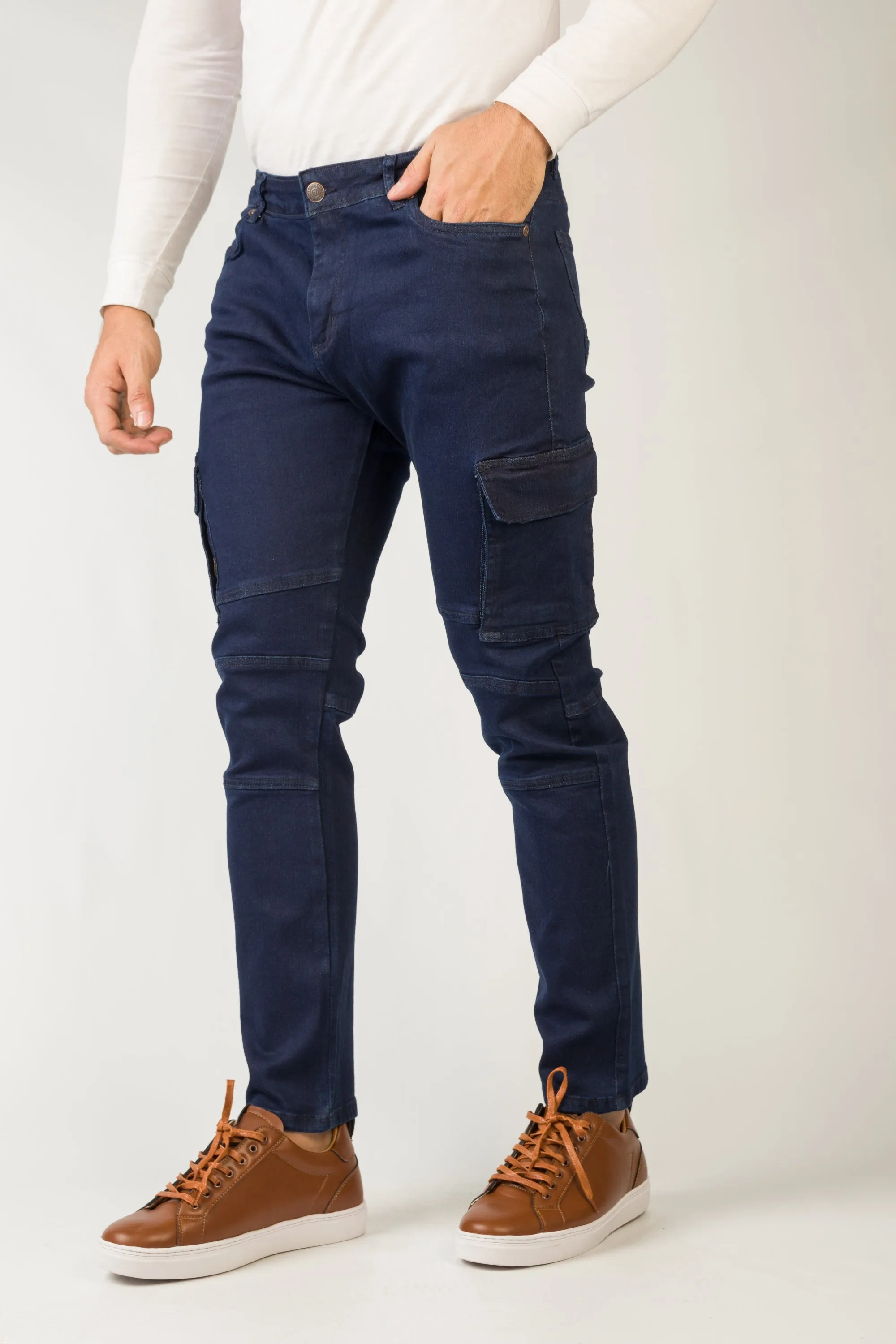 Cropped Fit Navy Cargo Jeans